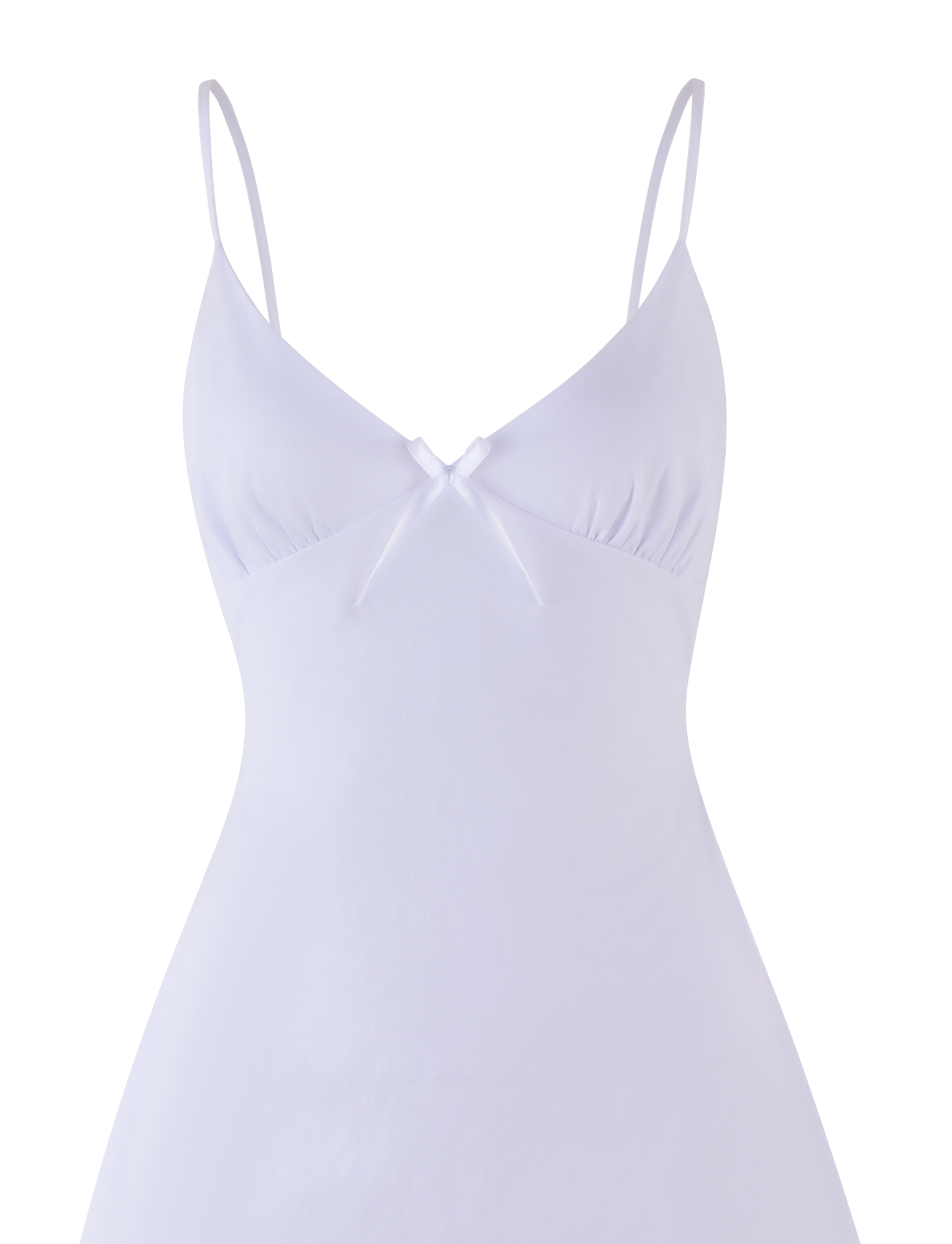 The WINNIE MINI DRESS - WHITE by TIGERMIST features a sleeveless design, adjustable shoulder straps, a V-neckline, soft gathers under the bust, and a small decorative bow at the center front.
