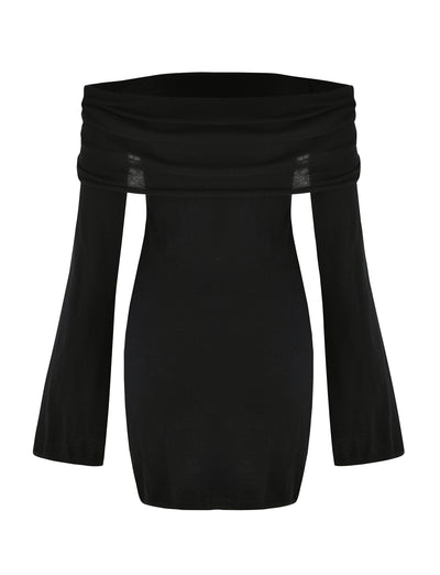 The DIEDRE JUMPER DRESS from TIGERMIST is a black off-the-shoulder, long-sleeve dress with a fitted bodice and flared sleeves. This fully fashioned knit piece features a wide, fold-over neckline that extends across the shoulders, creating a subtle drape effect.
