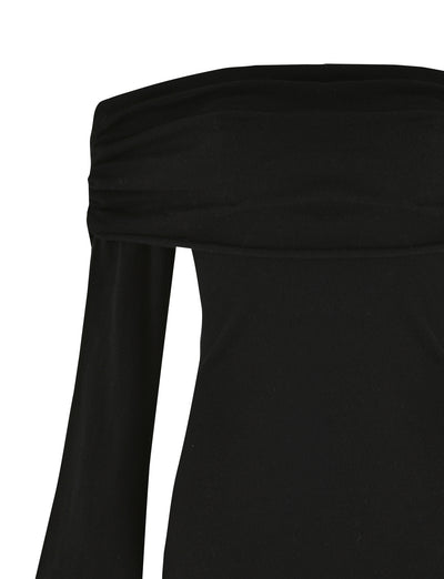 Close-up of the DIEDRE JUMPER DRESS - BLACK by TIGERMIST, featuring a black off-the-shoulder design with long sleeves. The fully fashioned knit fabric is slightly folded or gathered at the top edge, creating a soft, elegant drape. The image showcases the upper part of the dress, highlighting its sleek and classic fitted silhouette.