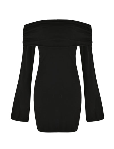 The DIEDRE JUMPER DRESS - BLACK by TIGERMIST is an elegant black off-the-shoulder piece featuring long bell sleeves. Its wide band neckline beautifully showcases the collarbone area. This fully fashioned knit dress boasts a fitted silhouette and extends to mid-thigh length, making it a stylish choice for any occasion.