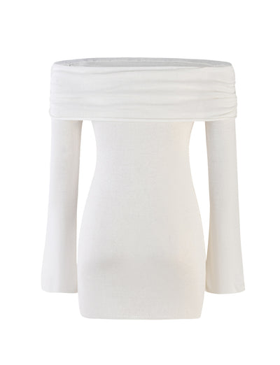 A mannequin wearing the DIEDRE Jumper Dress - White : Cream by TIGERMIST showcases an off-shoulder, long-sleeved design. The smooth and slightly stretchy fabric provides a fitted look around the torso with flared sleeves, extending to the upper thigh for a minimalist and elegant style.