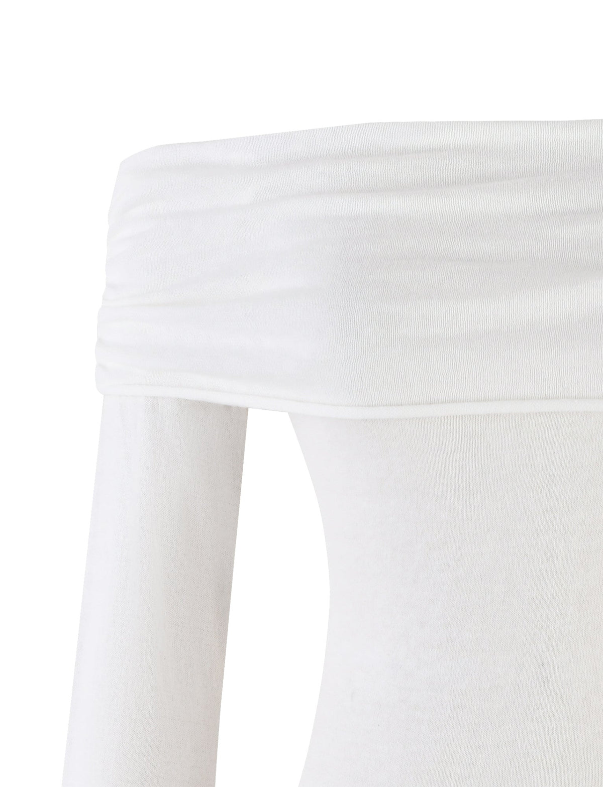 Close-up of a TIGERMIST DIEDRE Jumper Dress in white on a mannequin or invisible figure. The fabric appears to be soft and slightly ribbed at the neckline, which is folded over, giving a textured appearance. The dress extends into long sleeves.
