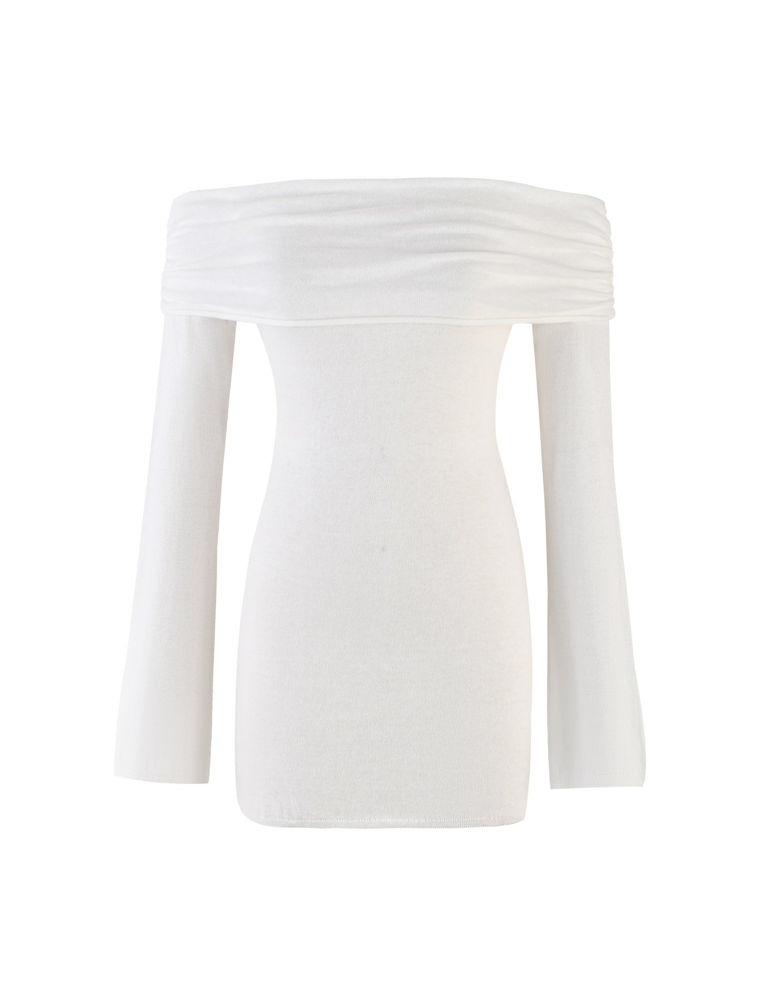 The DIEDRE JUMPER DRESS - WHITE : CREAM by TIGERMIST features a chic, off-the-shoulder design with long sleeves. The fitted bodice and slightly ruched neckline sit stylishly across the shoulders, exuding both elegance and modernity. Made from soft, stretchy fabric, this piece perfectly captures the sophisticated style associated with TIGERMIST.