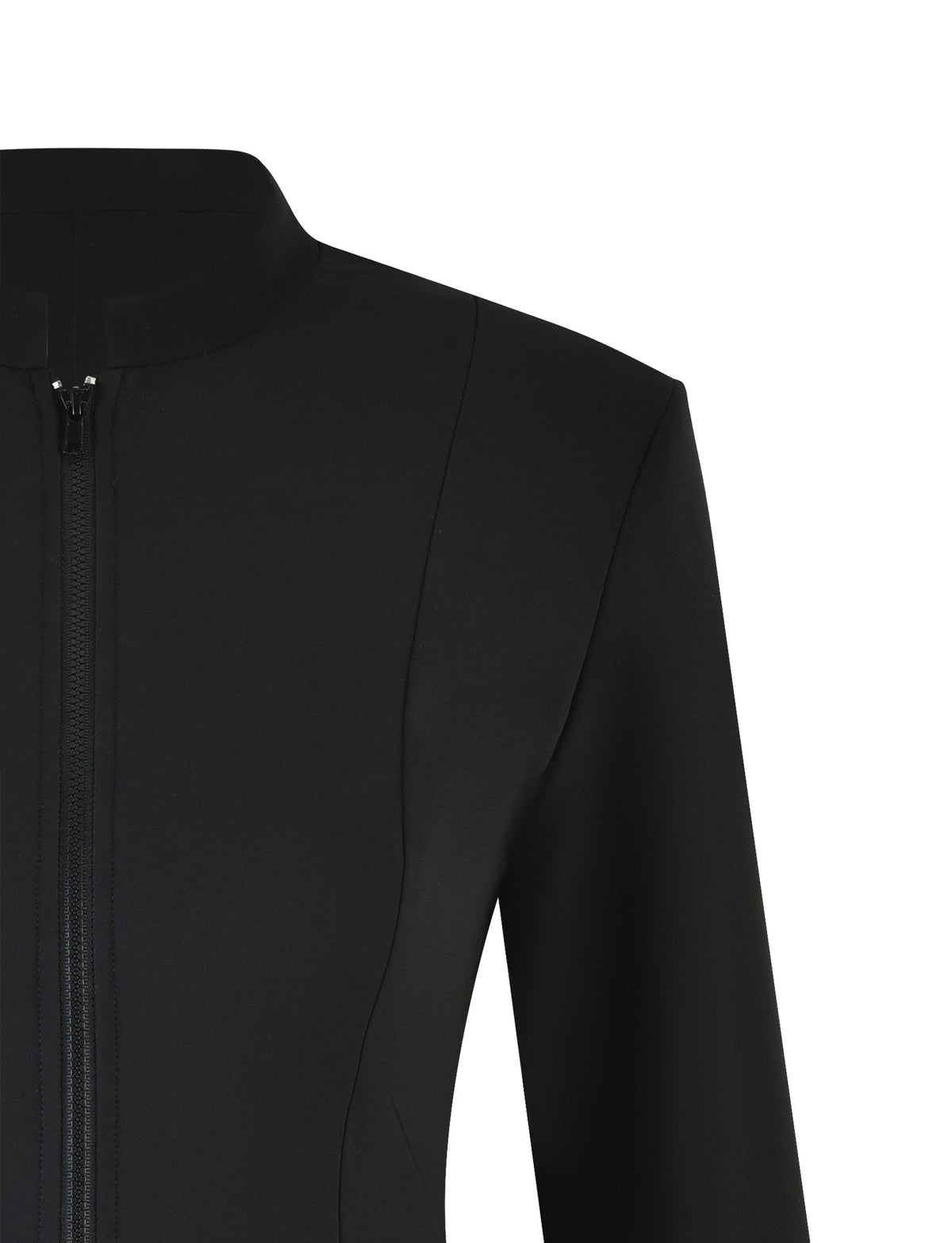 Close-up image of the DAMIRA JACKET - BLACK by TIGERMIST, showcasing a high collar and central zipper. The sleek design with visible seam details offers a modern and tailored look. Only the upper torso and sleeves are in view.