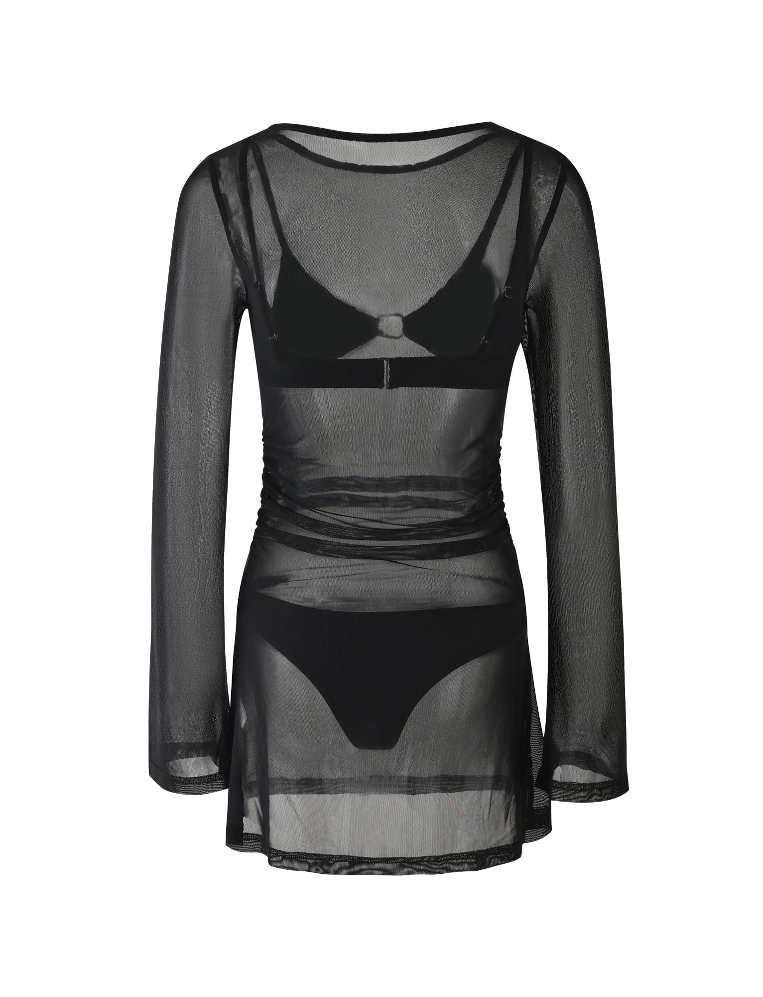 The ALAYNA THREE PIECE MINI DRESS - BLACK from TIGERMIST is a sheer black mesh mini dress featuring long sleeves and a round neckline. The dress has a fitted silhouette and includes visible inner black bra and panties through its translucent fabric.