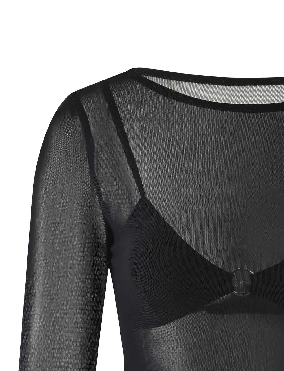 A sheer black long-sleeve top with a round neckline from TIGERMIST is worn over the ALAYNA THREE PIECE MINI DRESS - BLACK, making the thin straps and metal ring detail of the black bra visible through the translucent fabric of the top.