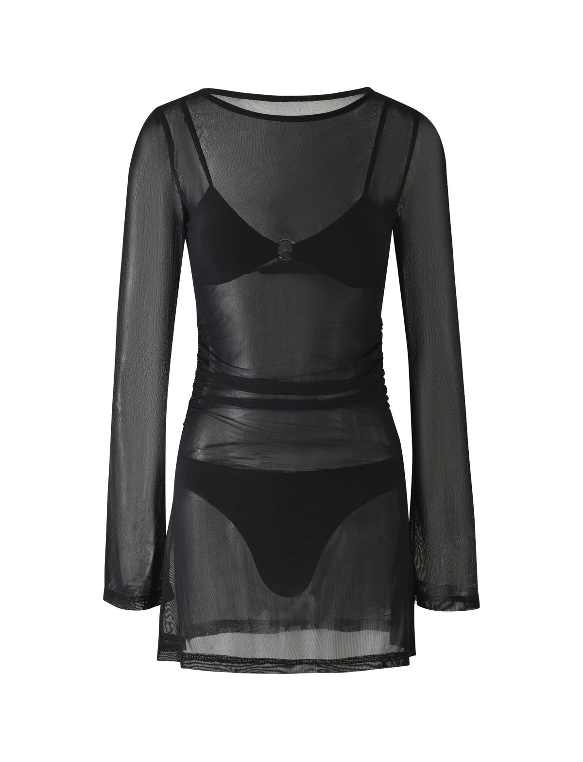 Introducing the ALAYNA THREE PIECE MINI DRESS - BLACK from TIGERMIST. This black, sheer mesh dress features long sleeves and a scoop neckline, designed to showcase a fitted silhouette. The transparent garment highlights the included black lingerie set underneath, clearly revealing the accompanying bra and high-waisted bottoms through its delicate fabric.