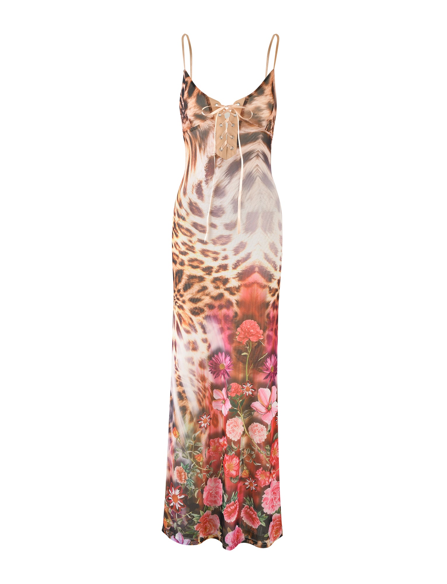 The Kalilah Dress - Multi : Leopard by TIGERMIST is a sleeveless, floor-length dress with thin straps. The upper part showcases an animal print with a lace-up front that transitions into a floral design featuring various colorful flowers near the hemline.
