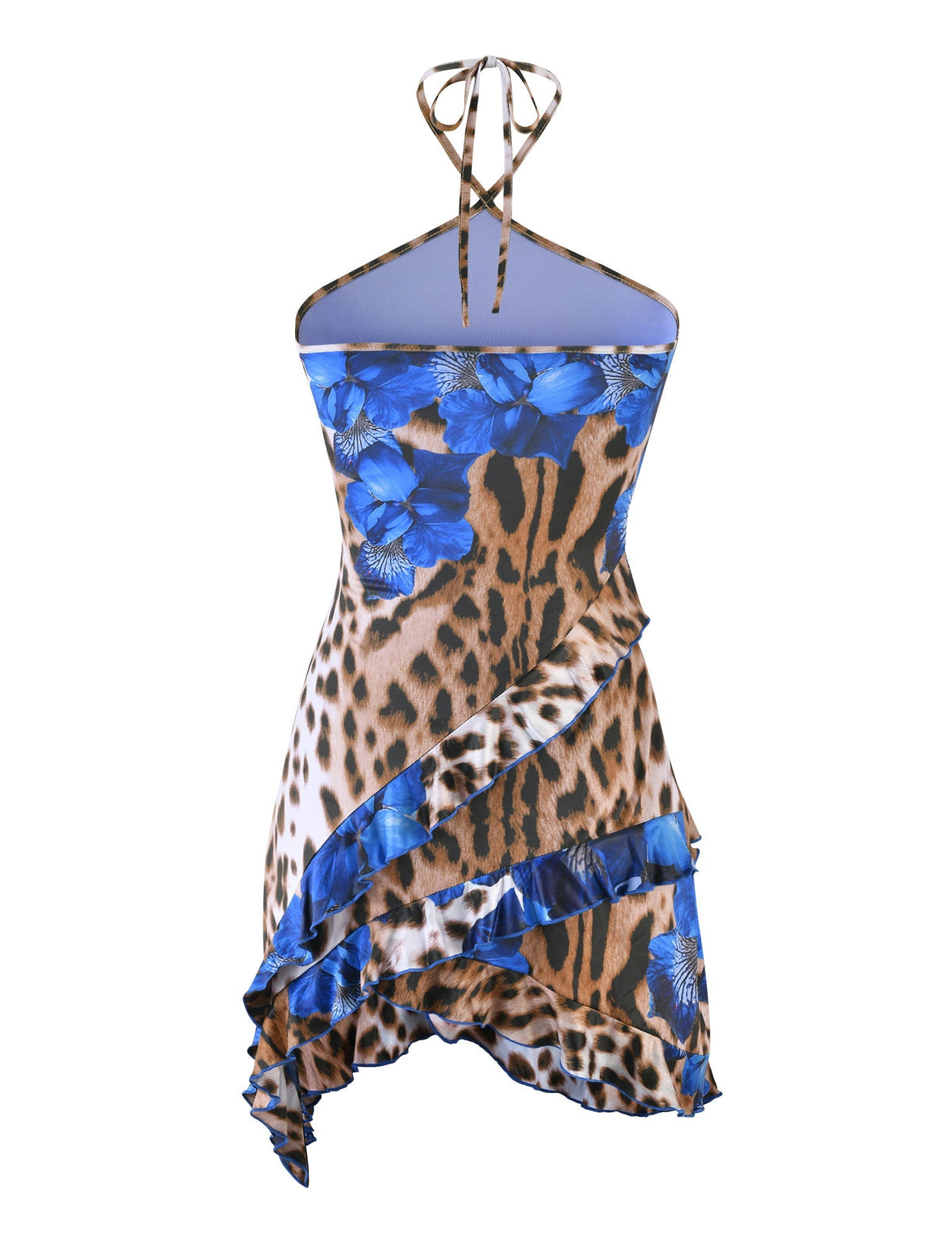 The TRYSTA DRESS - MULTI: LEOPARD by TIGERMIST is a sleeveless, short halter dress featuring a leopard print with blue floral accents, asymmetrical ruffles along the front, and a high-low hemline.