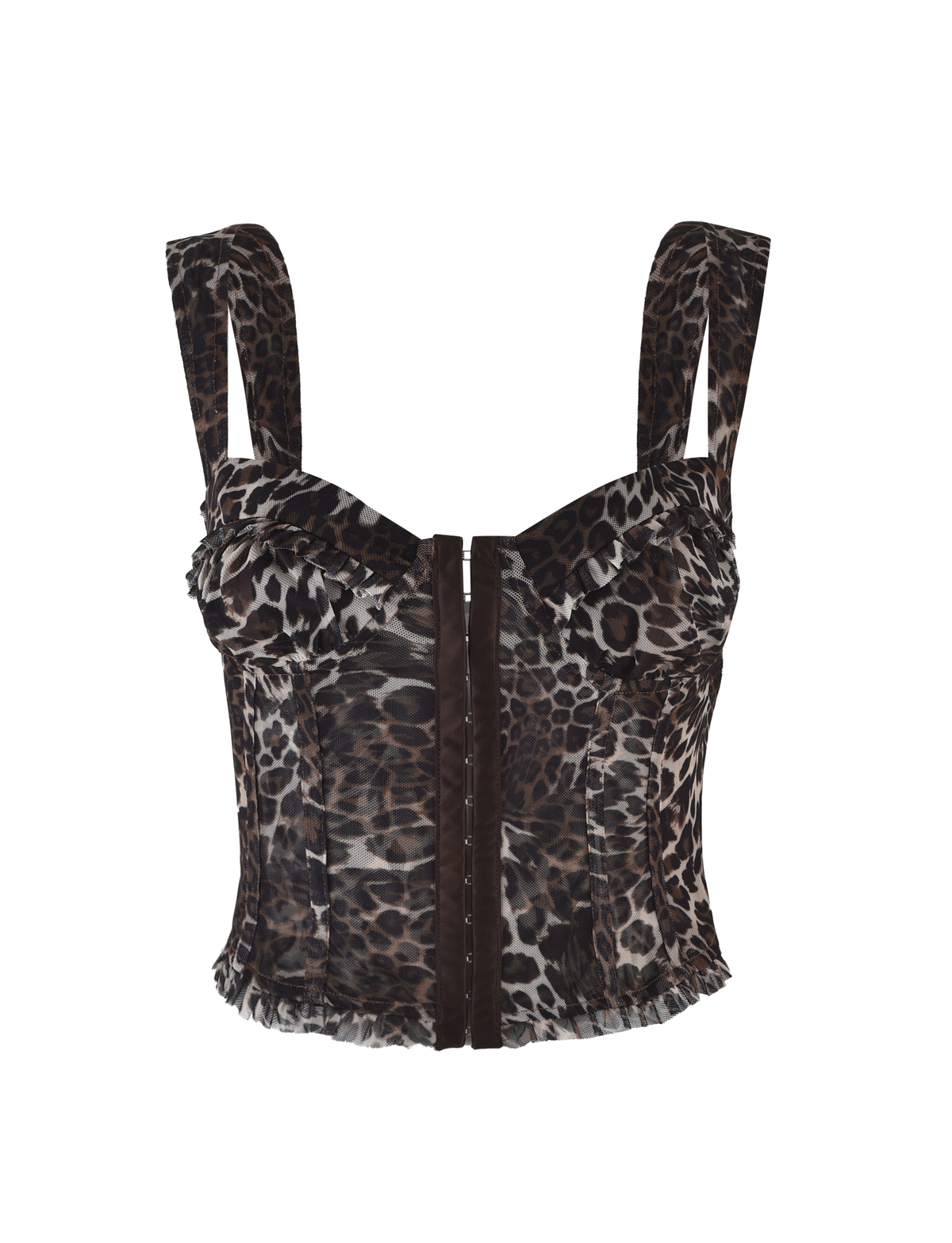 The TIGERMIST GINNY TOP - NEUTRAL : LEOPARD is a corset-style crop top with a leopard print, thick straps, structured bodice, bodycon fit, front hook-and-eye closures, and ruffle details at the neckline and hem.