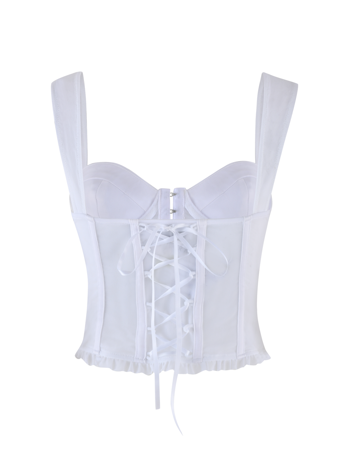 The GINNY TOP - WHITE by TIGERMIST is an optic white corset-style top with wide straps, structured cups, a back zipper, crisscross lace-up back detail, and a subtly frayed hem for added style.