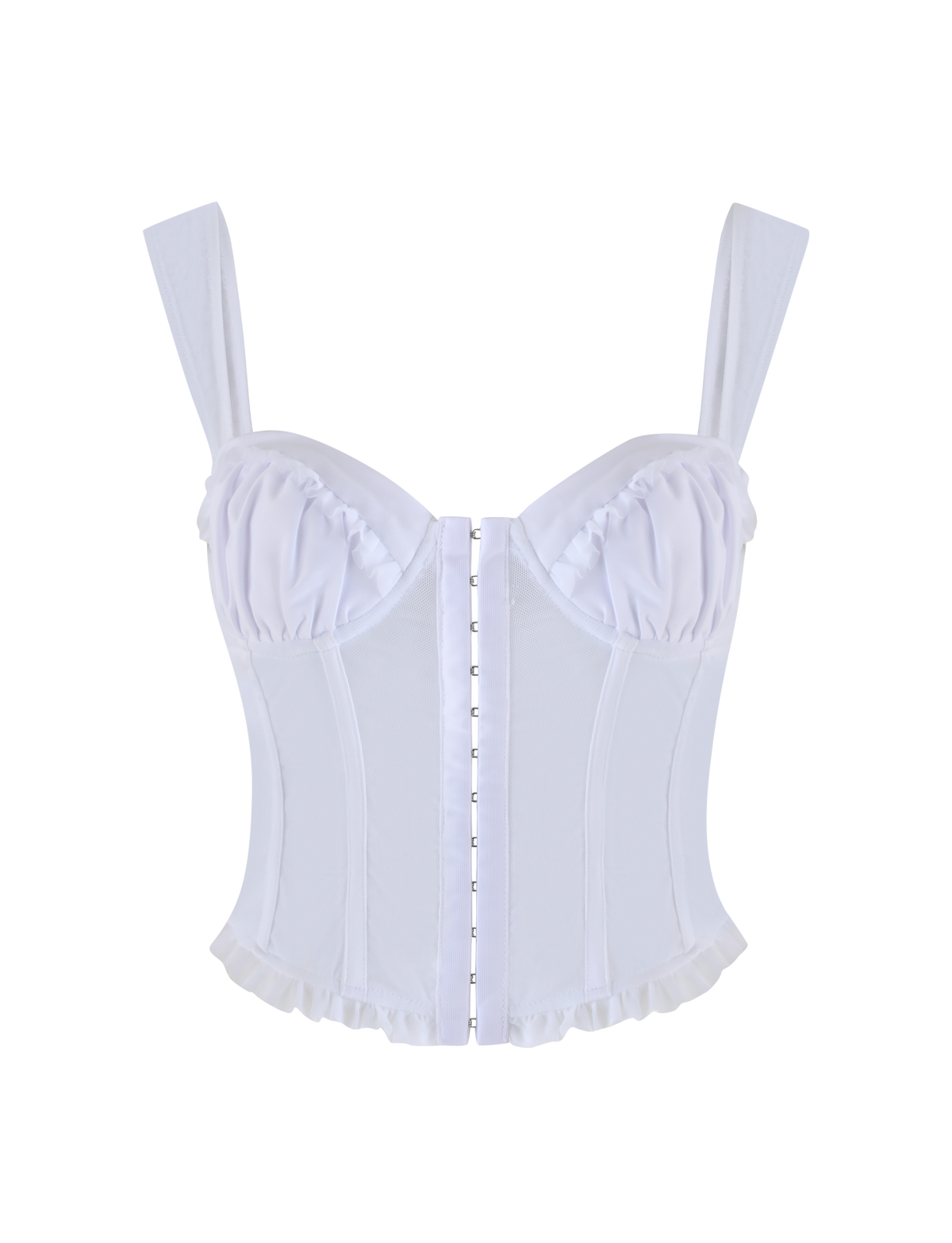 The GINNY TOP - WHITE by TIGERMIST is a corset-style top in Optic White, featuring thick straps, structured cups, vertical boning, front hook-and-eye closures, and ruffled trim along the bottom edge on a plain background.