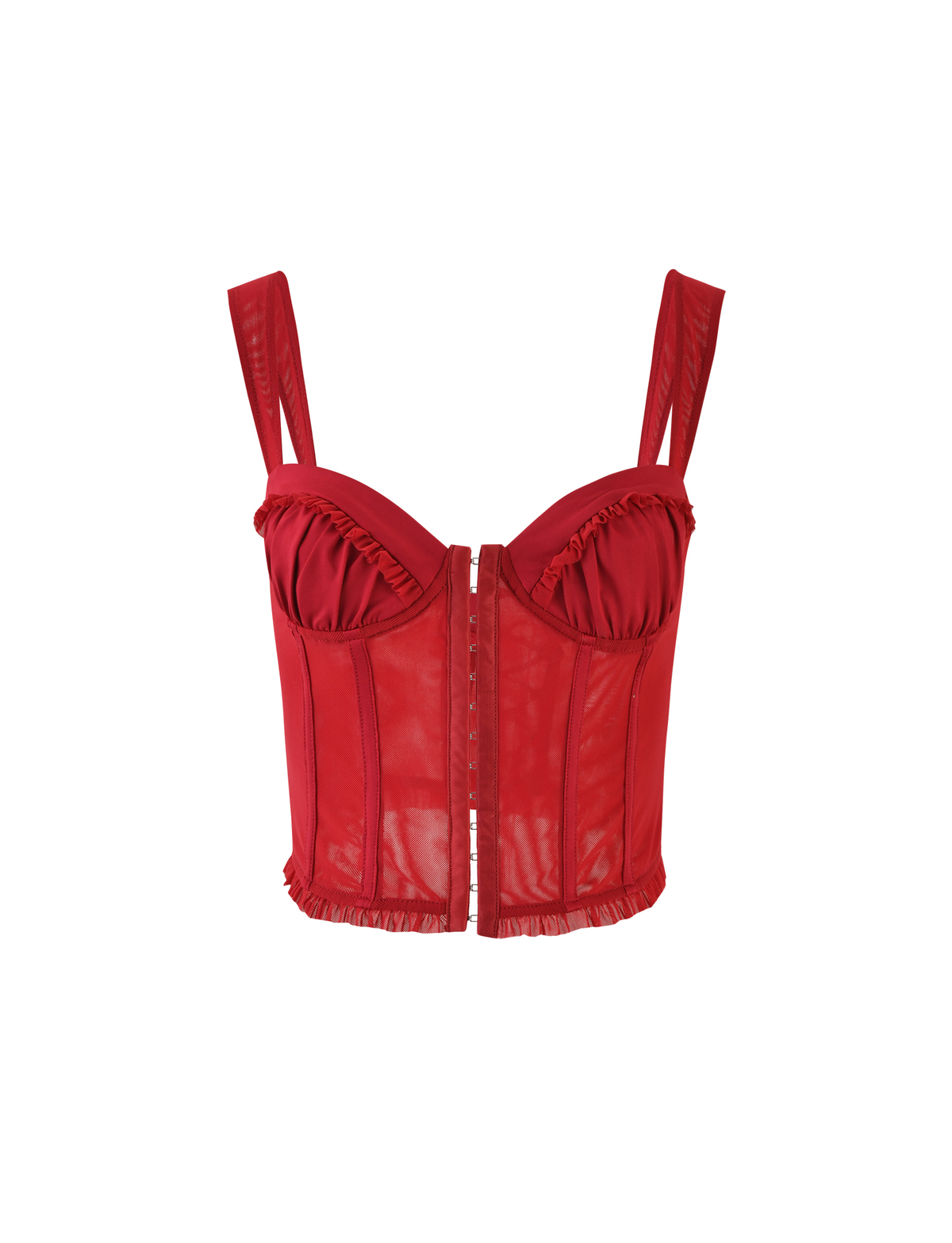 The GINNY TOP - RED : CHERRY RED by TIGERMIST is a red bustier crop top with a bodycon fit, thick straps, ruffled trim at the bust and hem, structured cups, and a front clasp closure, shown on a plain white background.
