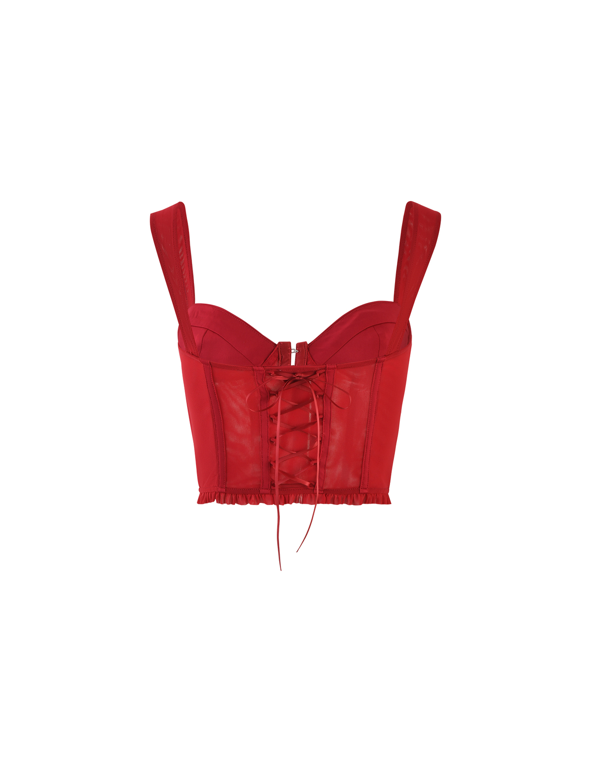 The TIGERMIST GINNY TOP - RED : CHERRY RED is a cropped corset with wide straps, lace-up front, ruffle trim, and a bodycon fit. Shown against a plain white background.