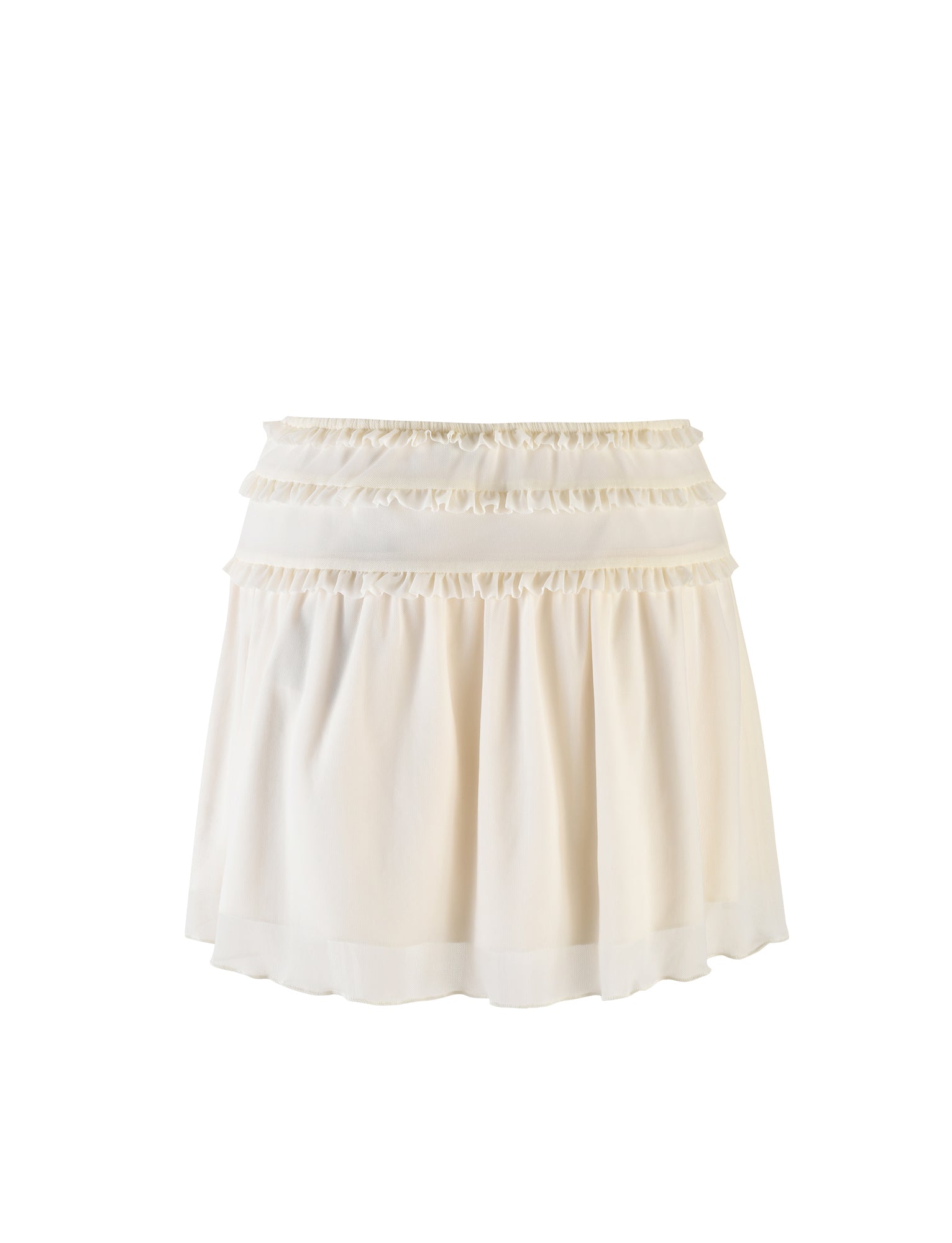 A white short skirt with a ruffled design is displayed on a plain white background. The TIGERMIST Ginny Skirt features three horizontal ruffle layers at the top, adding texture and volume. The fabric appears lightweight and flowy, creating a soft and elegant look.