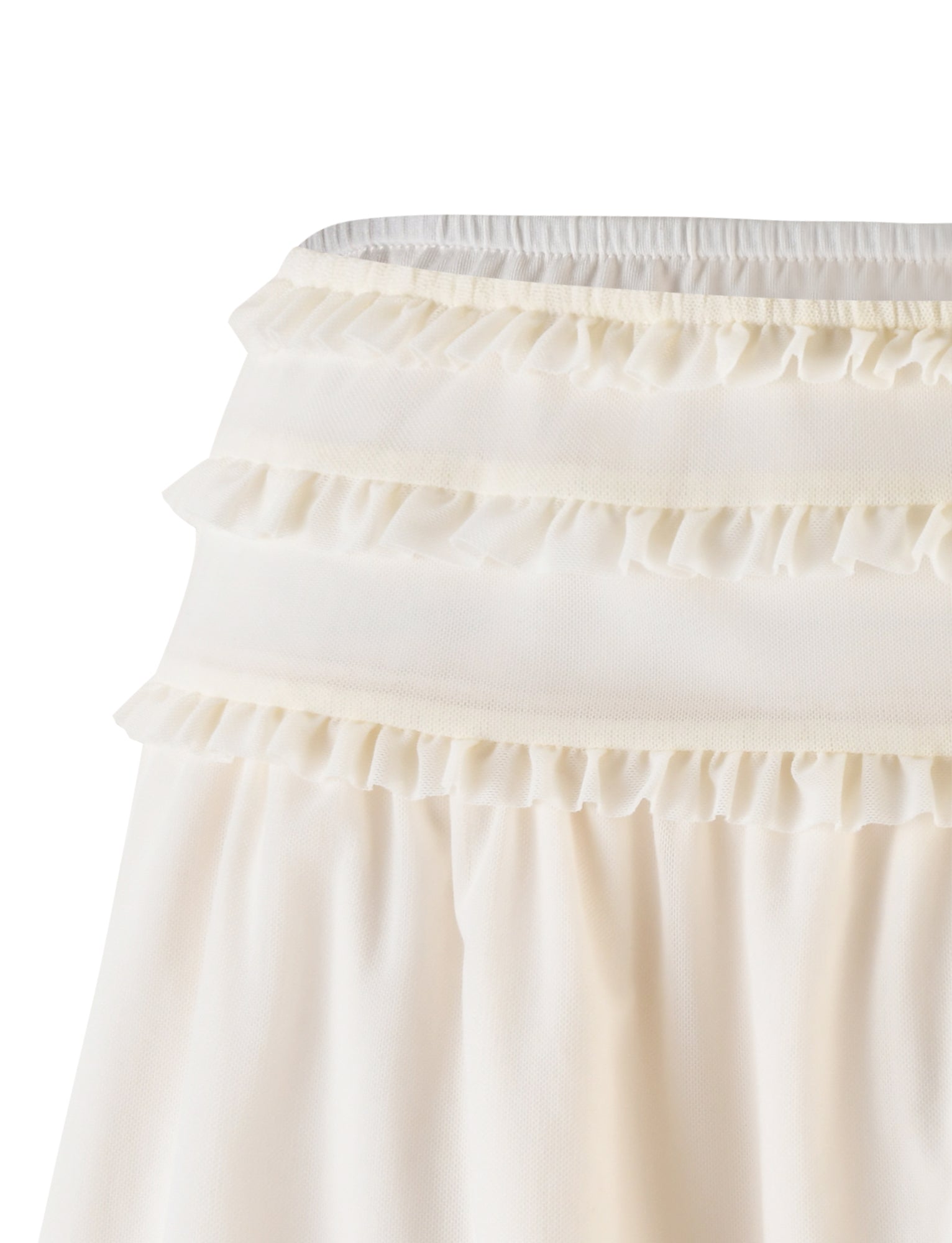 Close-up of the TIGERMIST Ginny Skirt in white, showcasing multiple tiers of ruffled fabric at the waistband. The delicate and feminine design is enhanced by the textured ruffles that add visual interest. The fabric appears light and semi-sheer.
