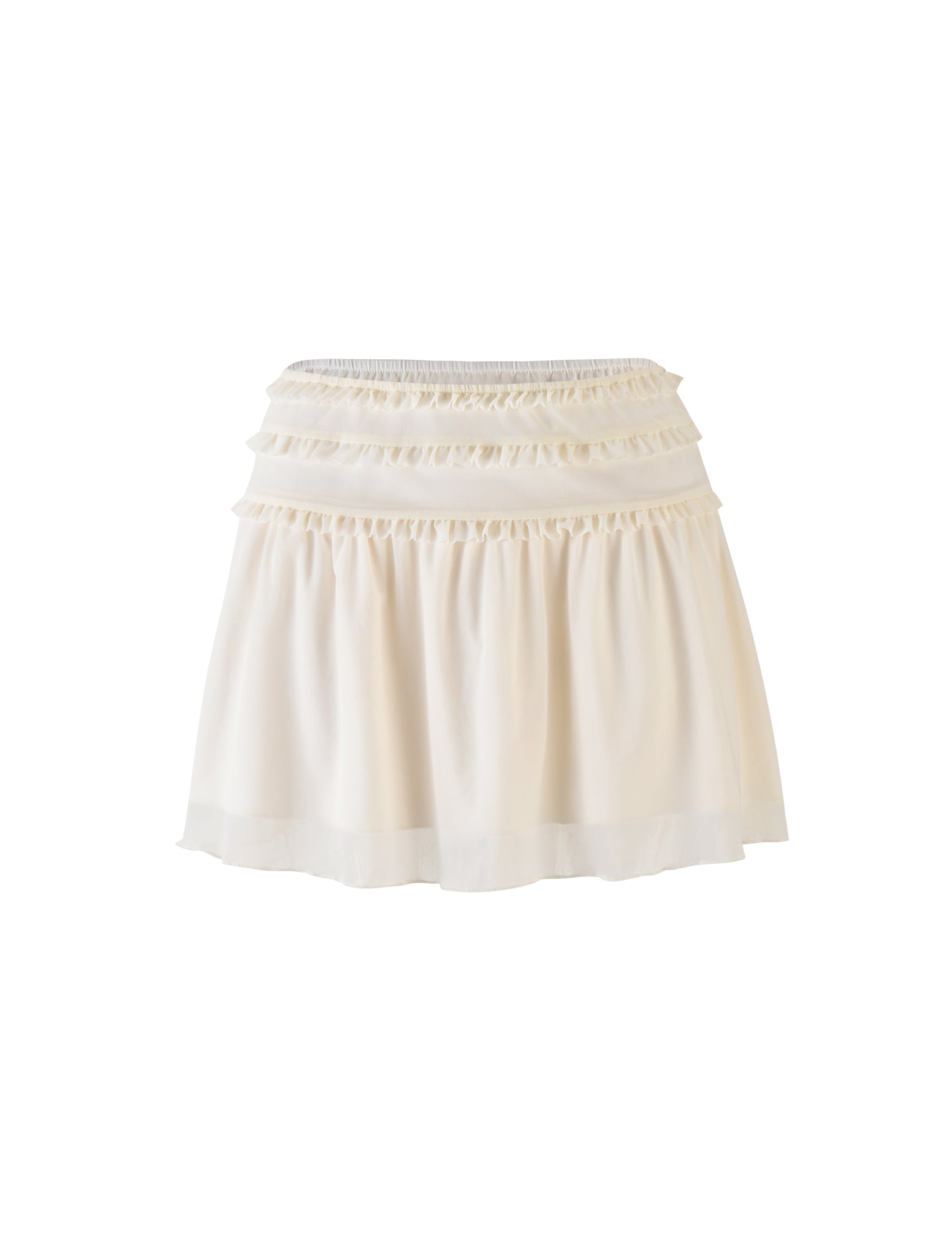 Introducing the GINNY SKIRT - WHITE from TIGERMIST: a layered mini skirt featuring a ruffled, elastic waistband and flowing fabric. The skirt's tiered design adds volume and an airy feel, making it perfect for a casual, feminine look.