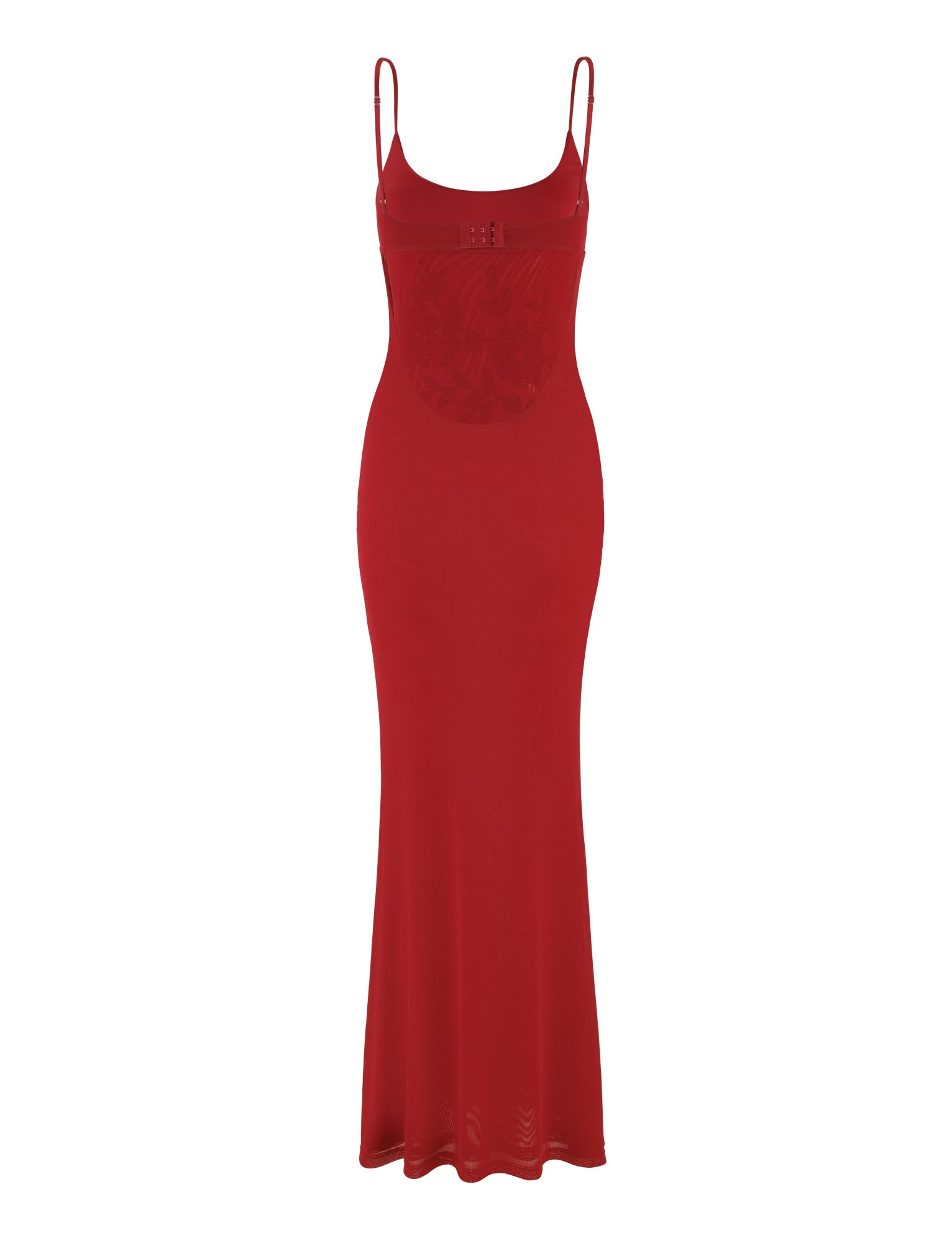 The OCTAVIA MAXI DRESS - RED by TIGERMIST is a striking cherry red maxi dress, featuring a sleeveless design with delicate spaghetti straps and a fitted silhouette. Its flowing hem and understated floral embellishments on the bodice add an elegant flair to its overall design.