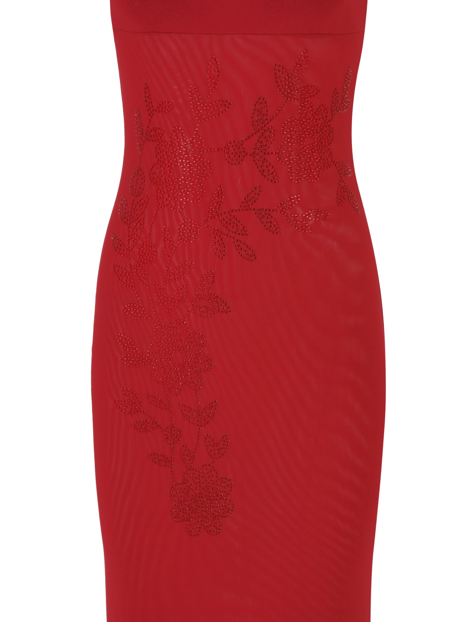 A close-up of the TIGERMIST Octavia Maxi Dress - Red in Cherry Red reveals a maxi-length design, featuring intricate floral lace detailing across the midsection, creating an elegant and stylish pattern.