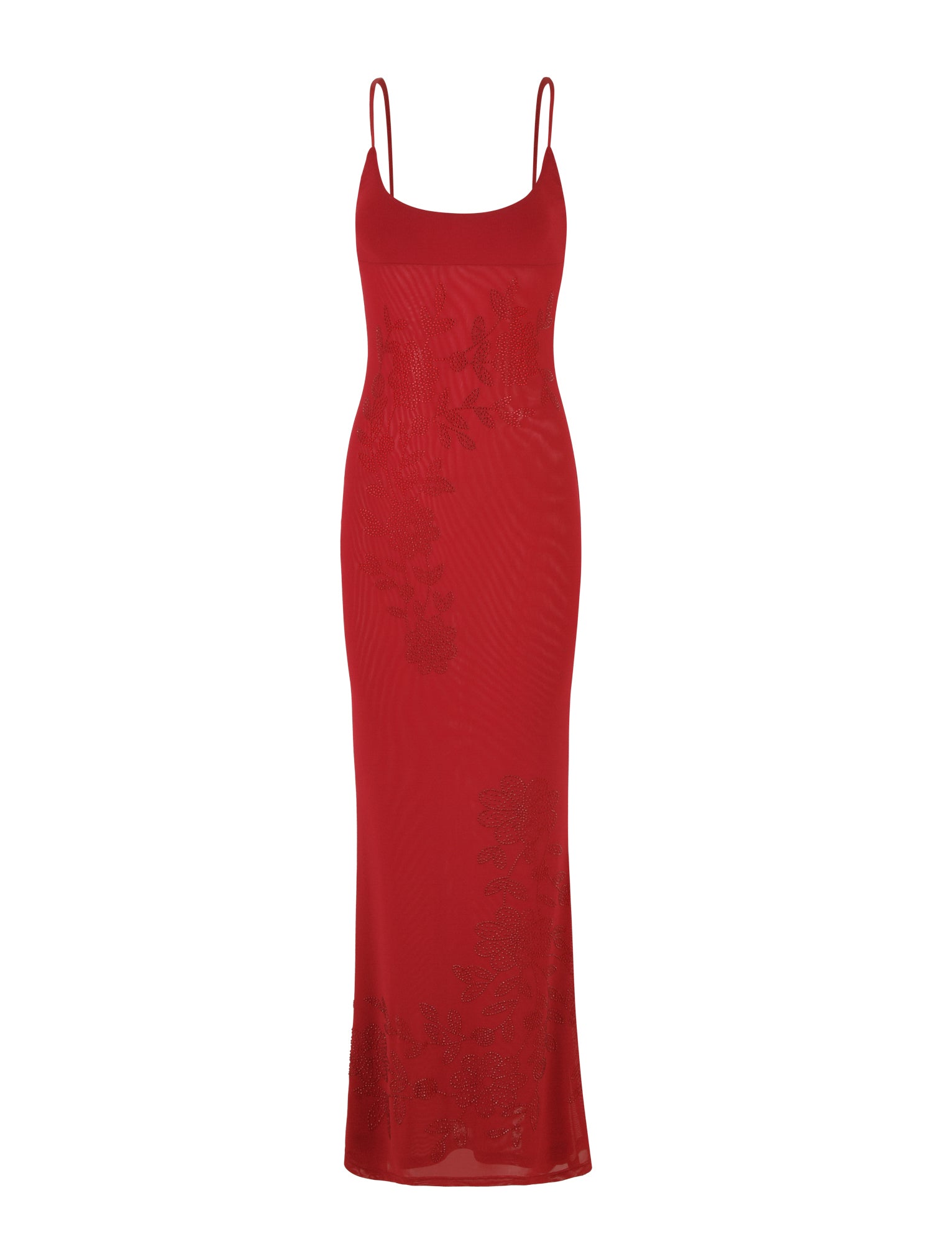 The OCTAVIA MAXI DRESS - RED : CHERRY RED by TIGERMIST is a captivating maxi-length creation. This sleeveless dress boasts a stunning red design with thin spaghetti straps and features semi-sheer fabric adorned with delicate floral embellishments, offering an elegant touch.