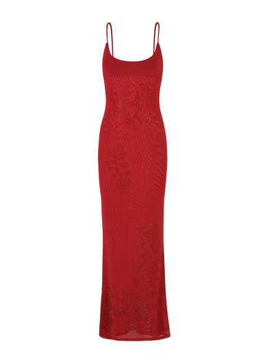 The OCTAVIA MAXI DRESS - RED : CHERRY RED by TIGERMIST is a captivating maxi-length creation. This sleeveless dress boasts a stunning red design with thin spaghetti straps and features semi-sheer fabric adorned with delicate floral embellishments, offering an elegant touch.