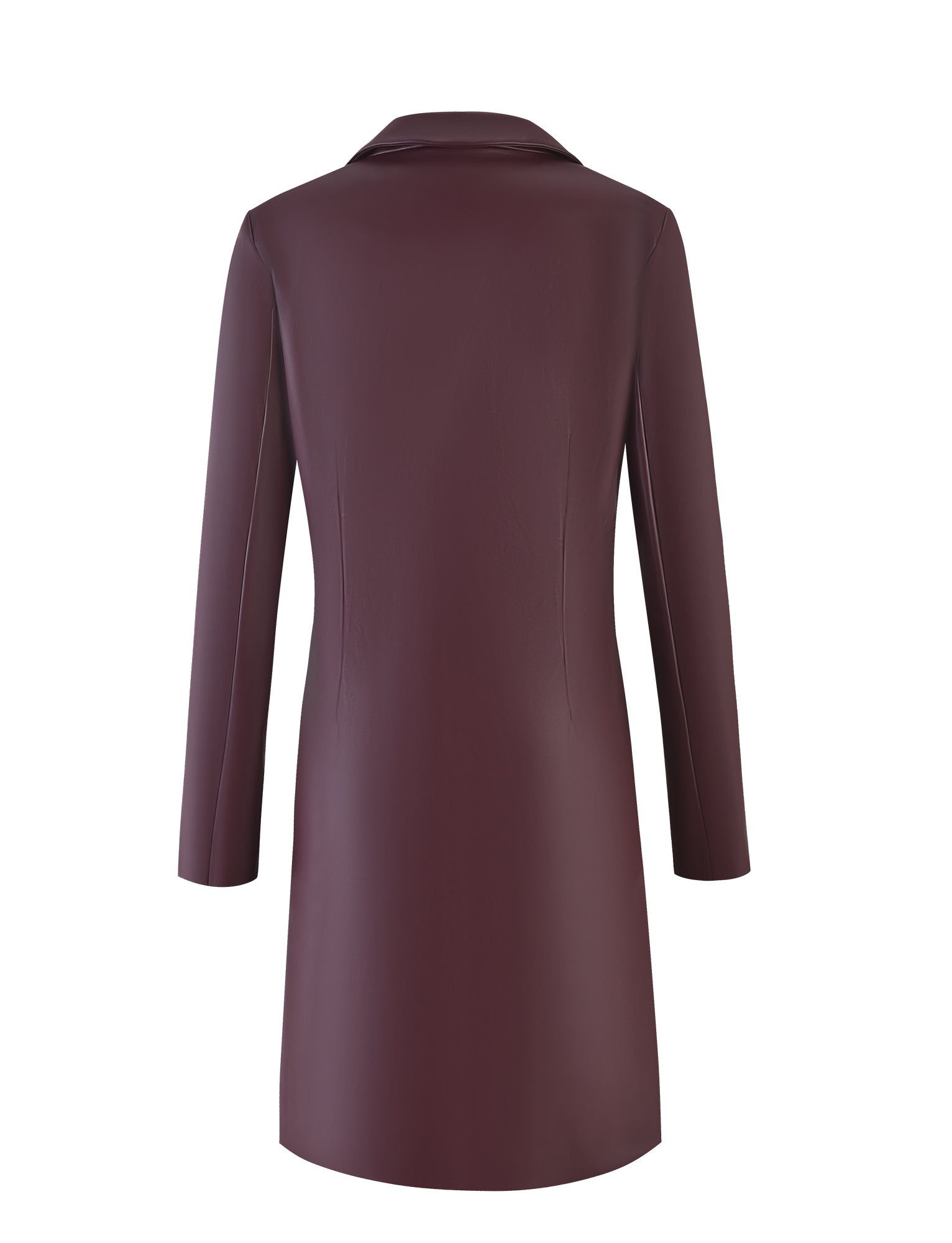 A long-sleeved, knee-length cherry red leather coat called the LYON TRENCH COAT - RED from TIGERMIST is displayed. The coat has a smooth, sleek finish and a simple collar design, with no visible buttons, pockets, or zippers on its back. The back view shows tailored seams that provide a structured fit.