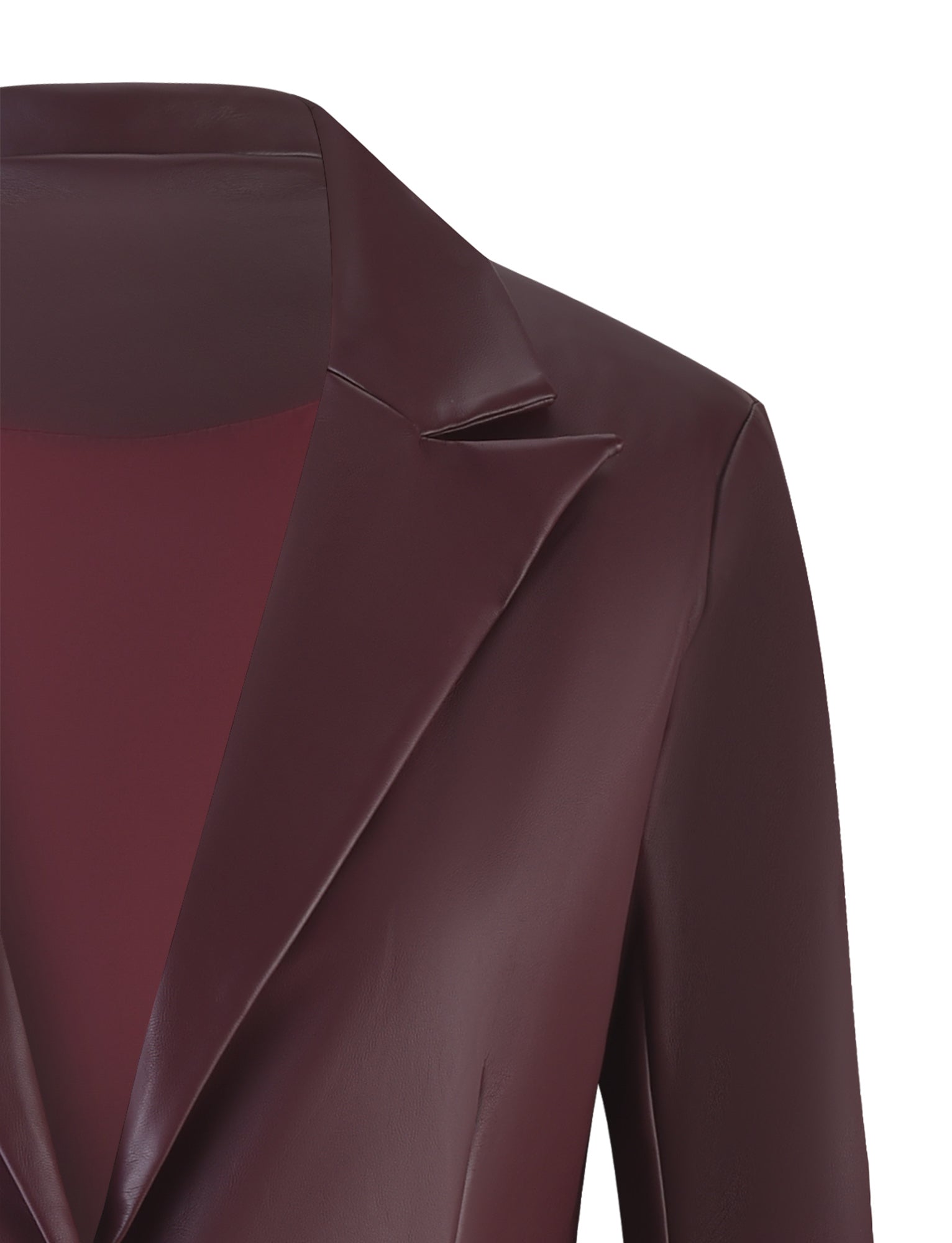 A close-up of the Cherry Red Lyon Trench Coat from TIGERMIST. The image highlights the smooth texture of the material, the notched lapel collar, and a partial view of the right shoulder and sleeve. The trench coat appears to have a sleek, polished finish.