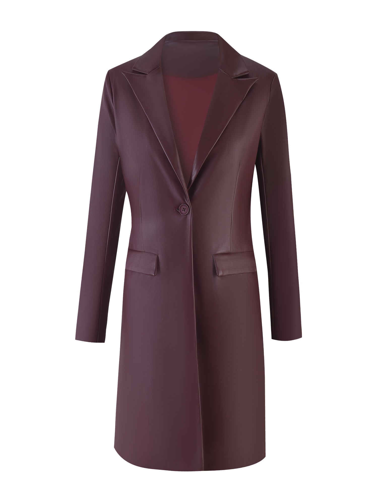 The LYON TRENCH COAT - RED : CHERRY RED by TIGERMIST is a long, single-breasted, burgundy leather coat with a notched lapel collar, long sleeves, and a single button closure. The coat features two front flap pockets and a smooth, tailored finish.
