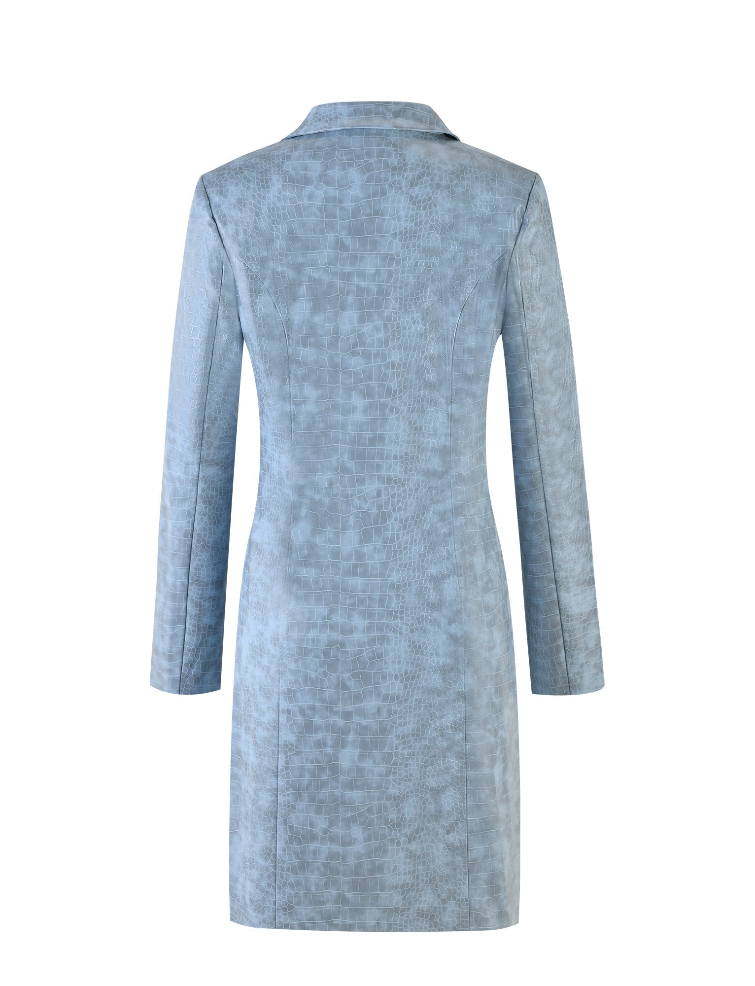 The EMERSYN TRENCH COAT - BLUE (Dusty Blue) from TIGERMIST is showcased from the back, highlighting its light blue, long-sleeved design. The coat boasts a subtle checkered texture and a tailored fit with a hem that falls above the knees. It features a classic collar and offers a clean, streamlined look without any visible pockets or buttons.