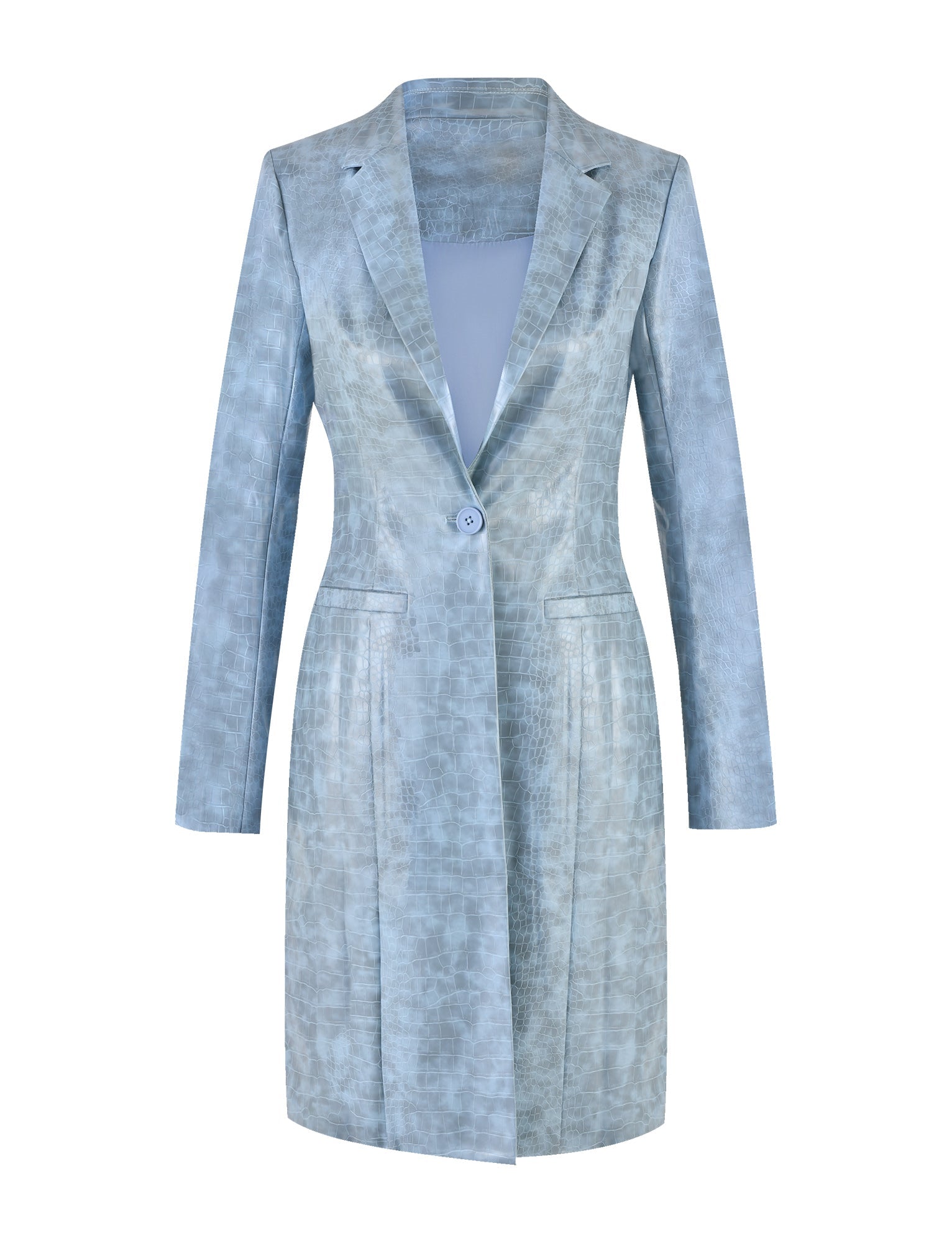 The EMERSYN TRENCH COAT - BLUE : DUSTY BLUE from TIGERMIST is a light blue textured long coat with a subtle patterned design. It features a single-breasted front with two buttons, a notched lapel collar, and long sleeves. The lining inside is a lighter shade of blue, and the coat falls to just above the knee.