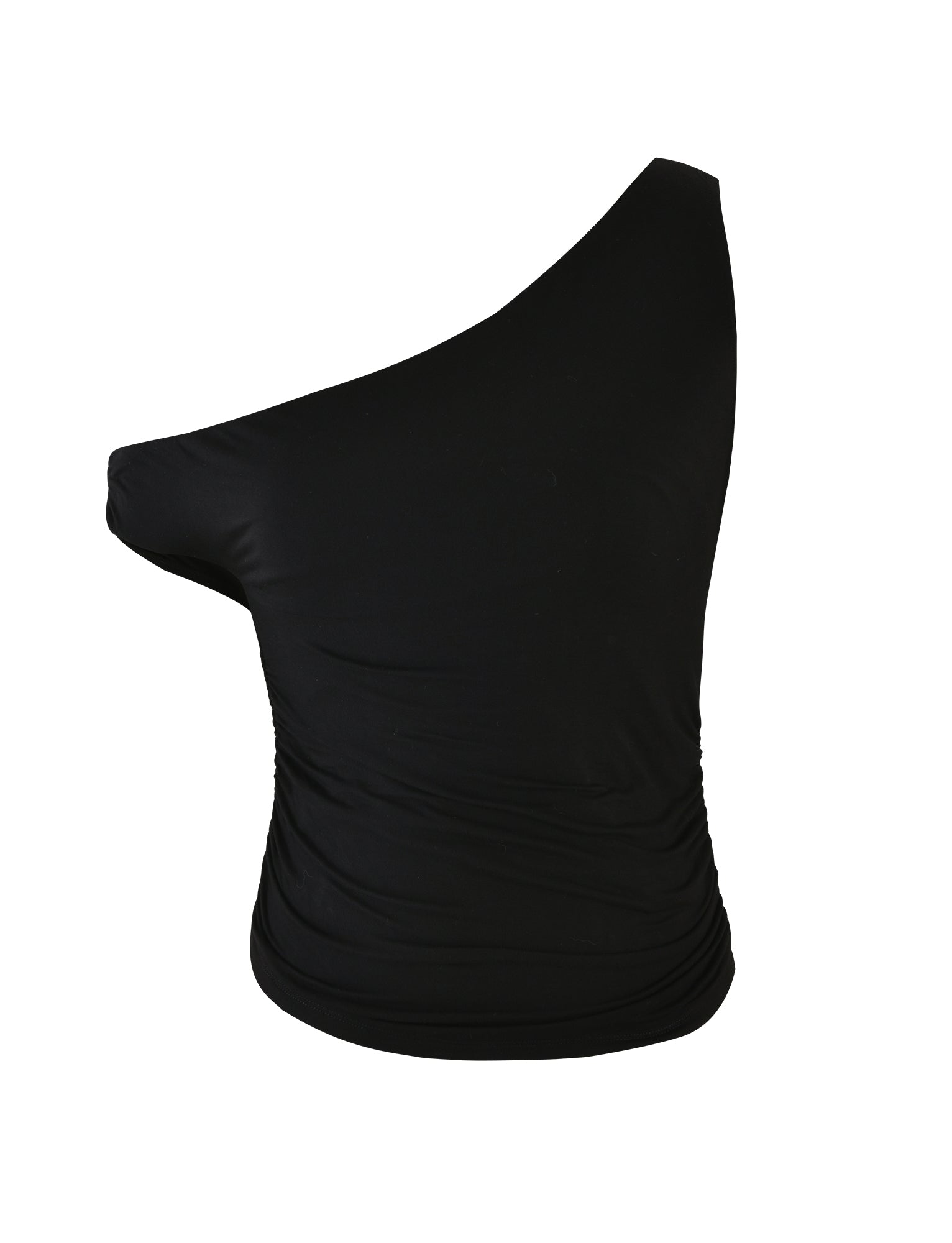 The KADENCE TOP - BLACK by TIGERMIST is an exquisite asymmetrical one-shoulder top featuring stylish side ruching. Made from a soft, stretchable fabric, this elegant and sleek piece is perfect for adding a chic edge to your wardrobe.