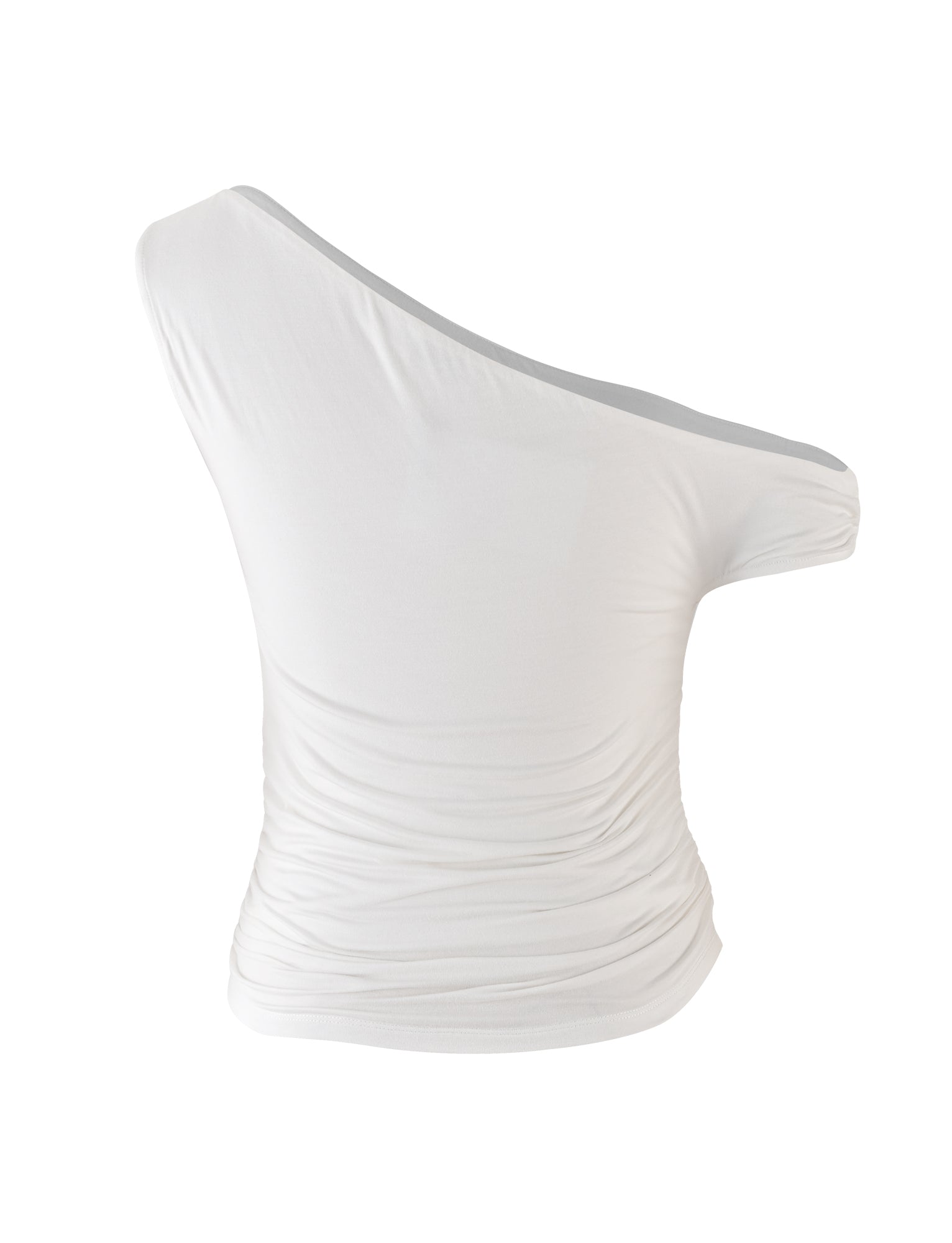 The KADENCE TOP - WHITE from TIGERMIST is displayed against a white background. This asymmetrical, one-shoulder top features ruching on one side, creating a gathered effect at the waist and offering a fitted look.