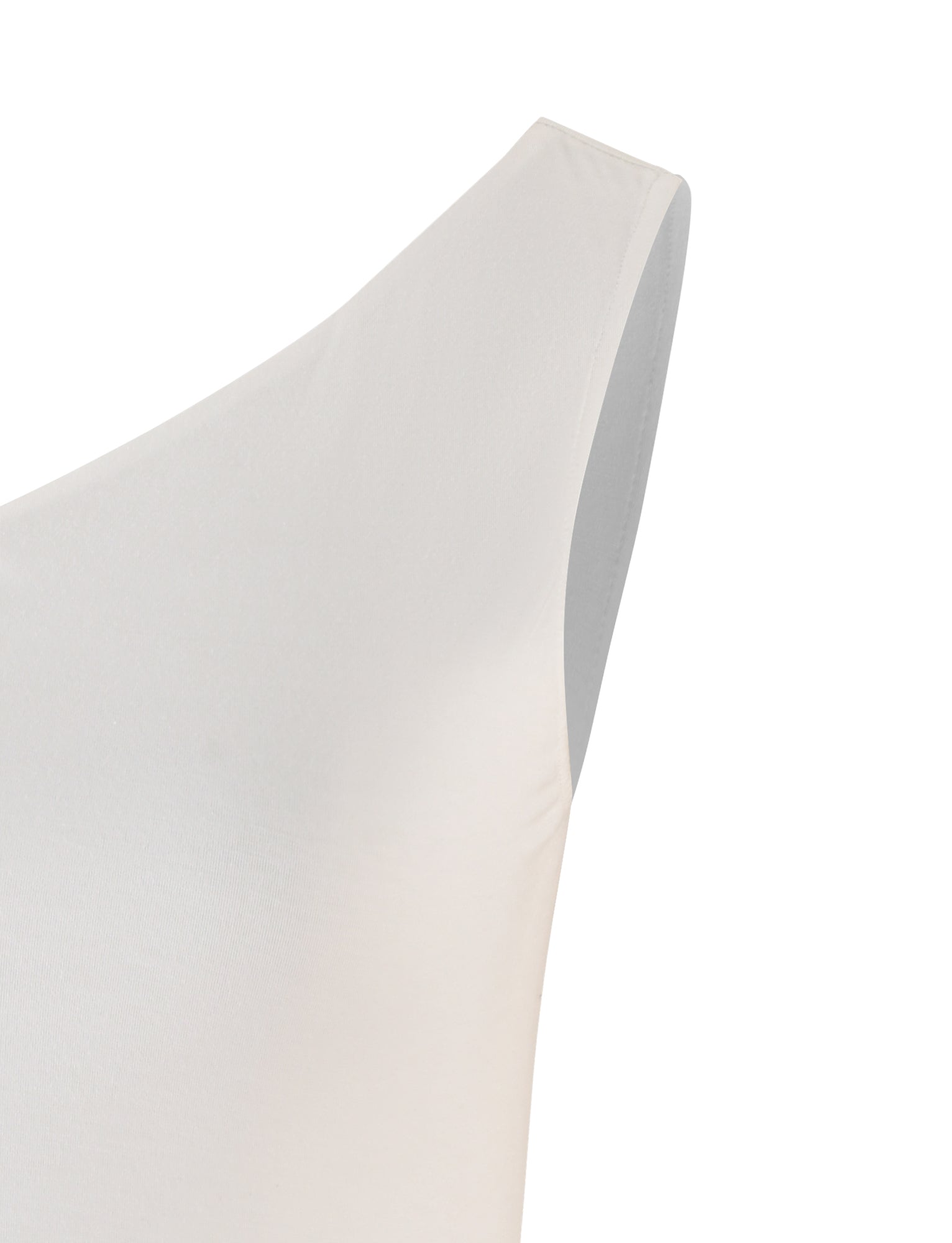 Close-up of a sleeveless white KADENCE TOP by TIGERMIST showcasing the upper section, including the shoulder strap and neckline. The fabric appears smooth and fitted.