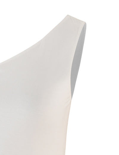 Close-up of a sleeveless white KADENCE TOP by TIGERMIST showcasing the upper section, including the shoulder strap and neckline. The fabric appears smooth and fitted.