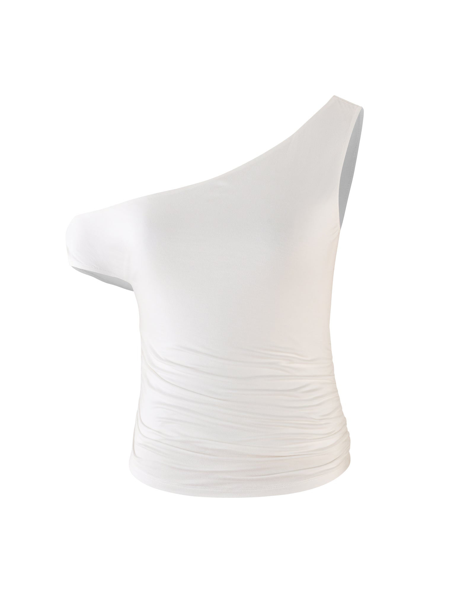 A close-up image of the KADENCE TOP - WHITE by TIGERMIST, showcasing a white, sleeveless, one-shoulder women's top against a plain white background. The top features a tight fit with slight ruching on the sides, delivering a stylish and elegant look ideal for various occasions.