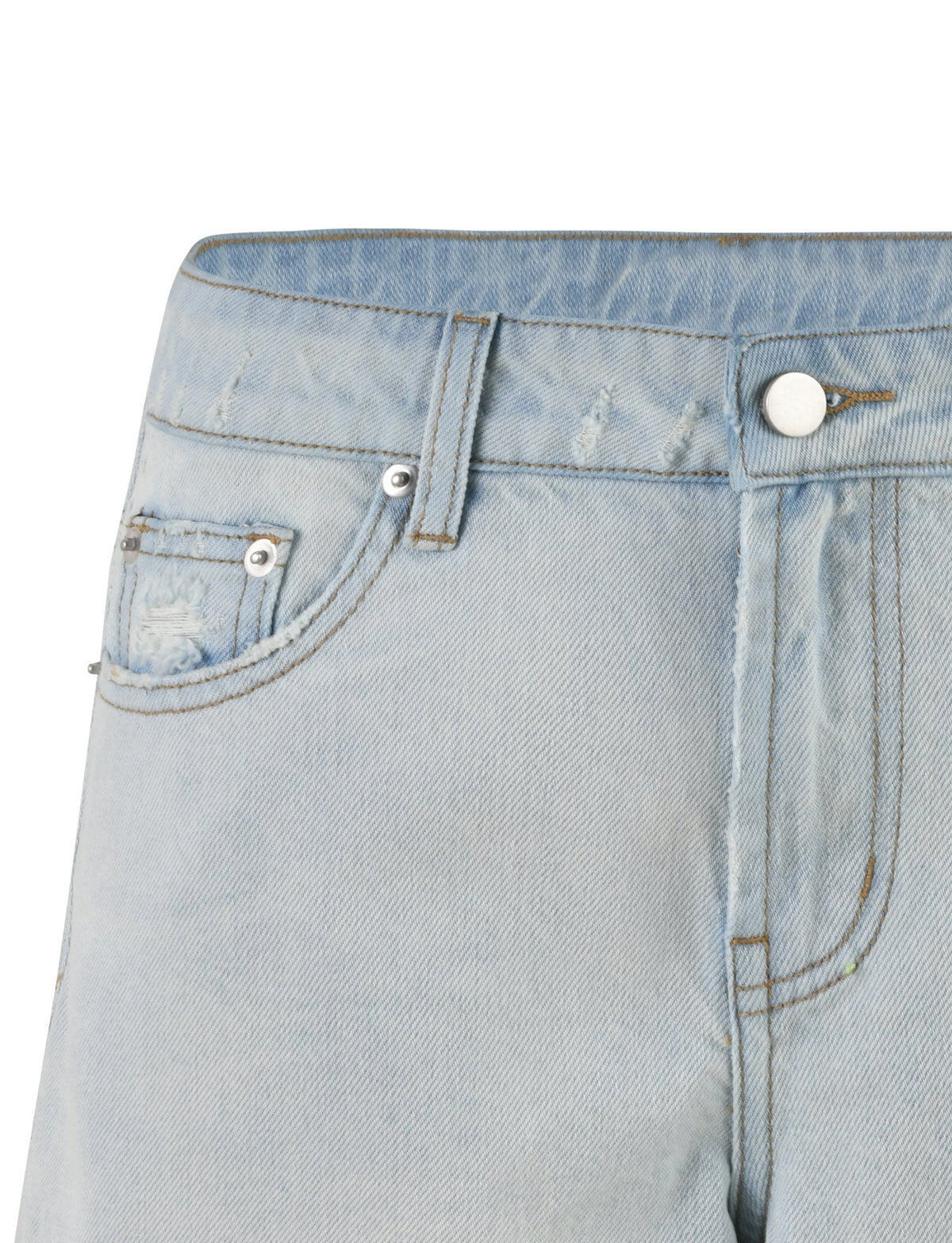Close-up image of the ZANDER SHORT - BLUE : LIGHT WASH by TIGERMIST showcasing the top portion, including the waistband, button, zipper, front pocket, and coin pocket with metal rivets. The light wash fabric features a slightly distressed look with subtle fading and whiskering.