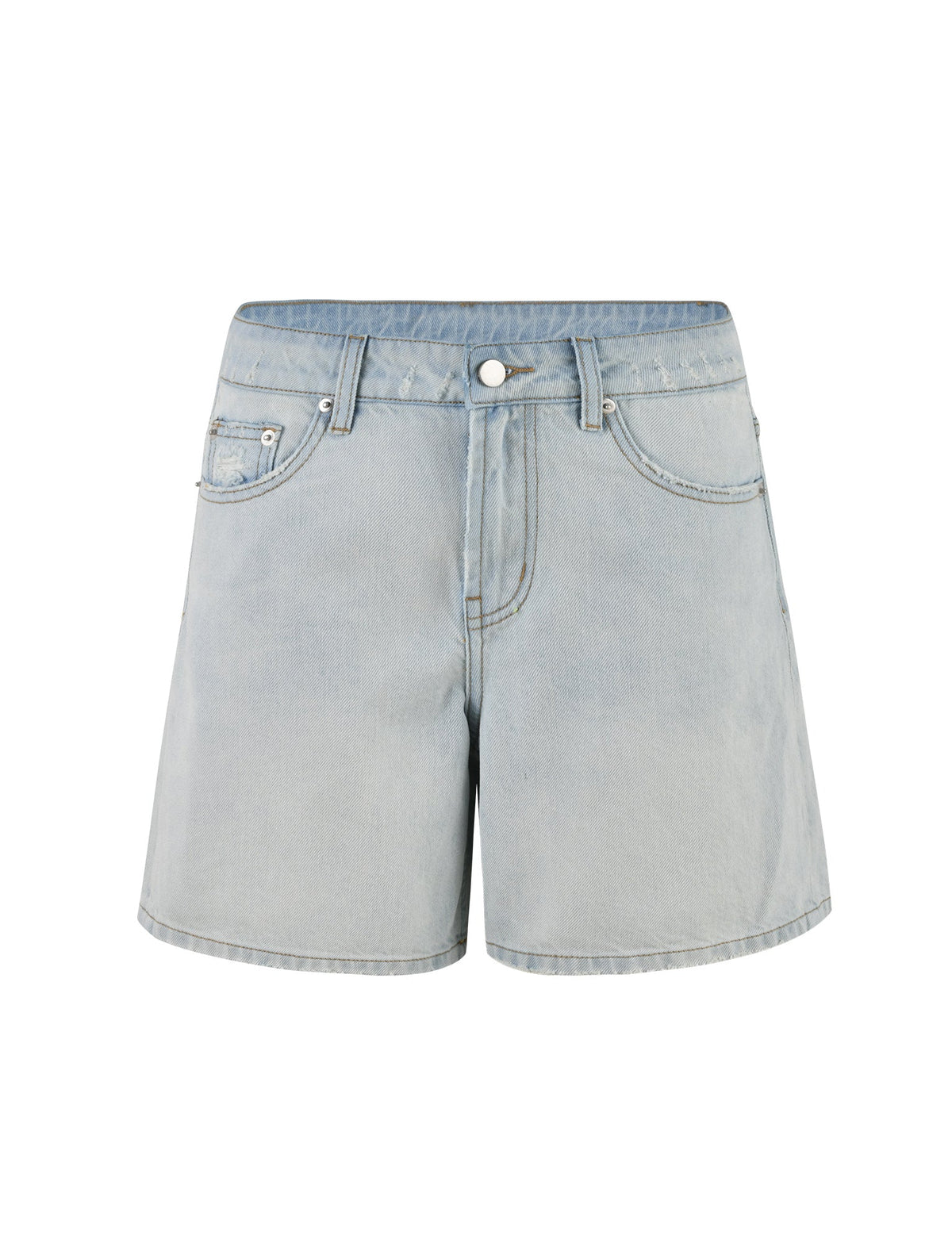 Introducing the ZANDER SHORT - BLUE : LIGHT WASH from TIGERMIST: These light blue denim shorts feature front pockets, belt loops, and a button and zipper closure. With their slightly faded appearance, standard fit, and mid-thigh hem, these casual shorts are perfect for any laid-back occasion.