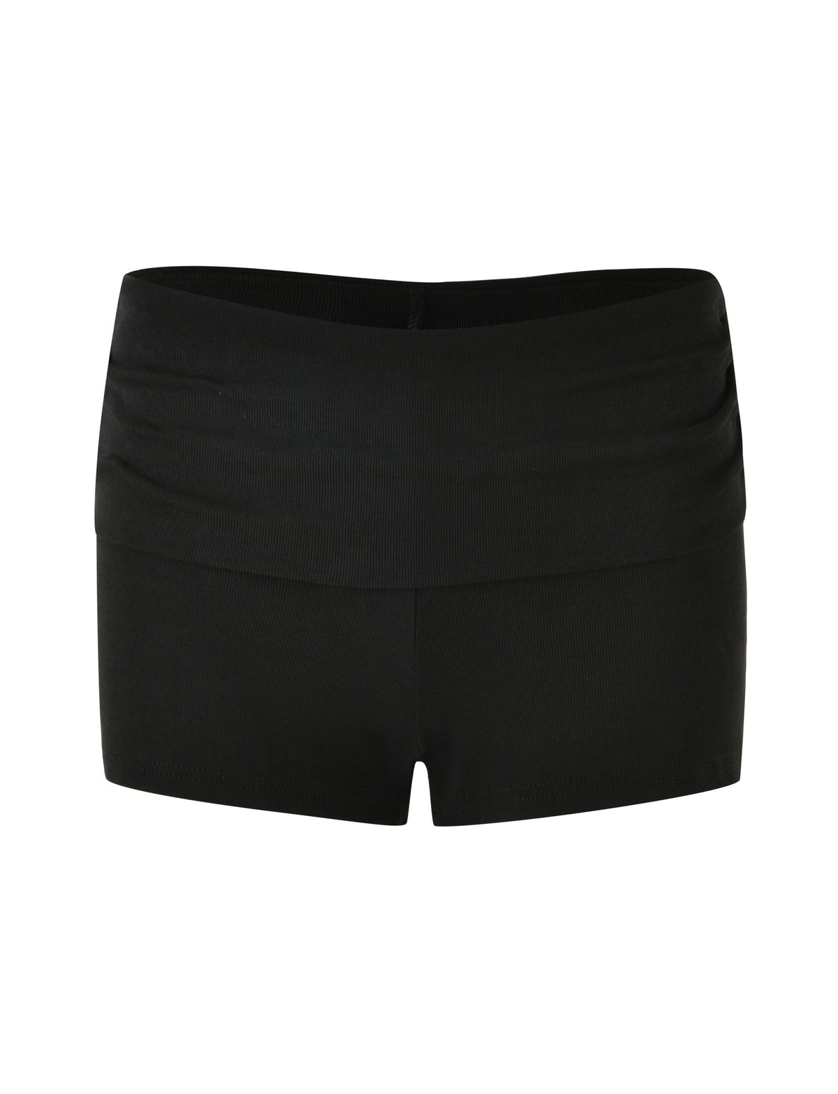 The image showcases a pair of KARINA RIB SHORT - BLACK shorts by TIGERMIST. These women's mini shorts feature a low-rise waist and a slightly gathered waistband, presenting a smooth, seamless design. Their short length gives them an athletic or dance-style appearance against the white background.