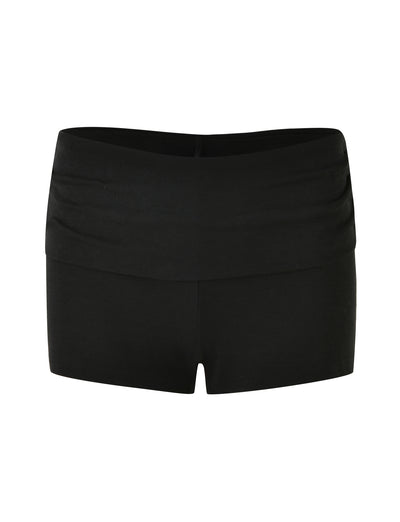 The image showcases a pair of KARINA RIB SHORT - BLACK shorts by TIGERMIST. These women's mini shorts feature a low-rise waist and a slightly gathered waistband, presenting a smooth, seamless design. Their short length gives them an athletic or dance-style appearance against the white background.