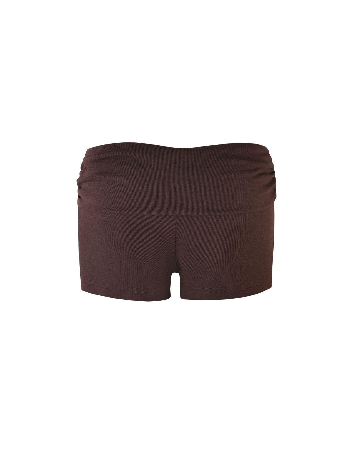 The TIGERMIST KARINA RIB SHORT - BROWN : CHOCOLATE features a bodycon silhouette, displayed from the back against a white background.