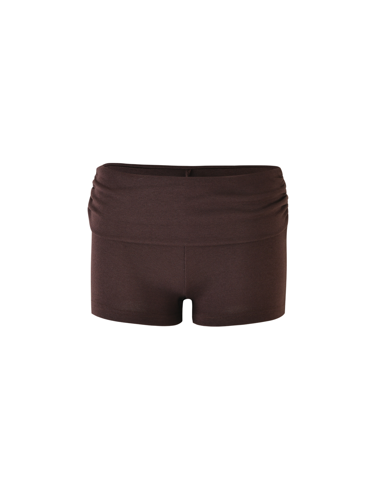 The KARINA RIB SHORT - BROWN : CHOCOLATE by TIGERMIST features a high-waisted, fitted design with a wide ribbed waistband, shown on a white background.