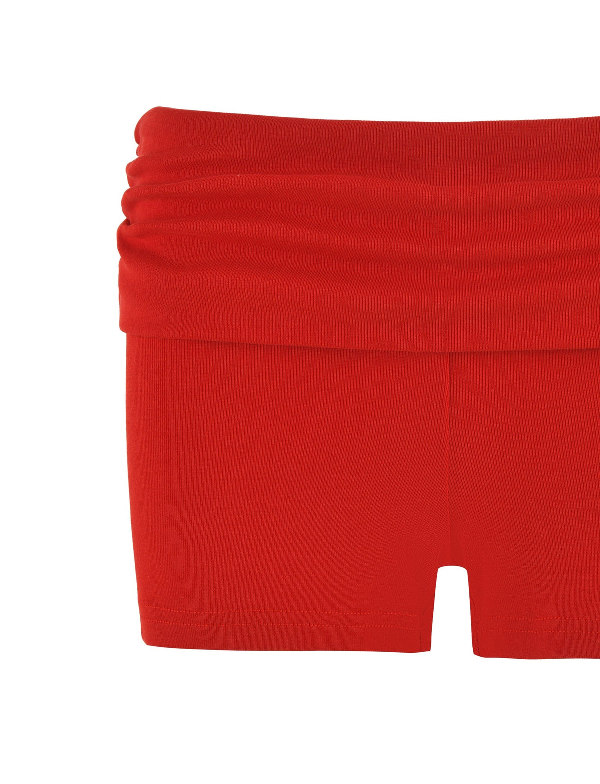 The KARINA RIB SHORT - RED by TIGERMIST boasts a stylish low-rise waist and ribbed design, highlighted elegantly against a plain white background with its distinctive ruched waistband.