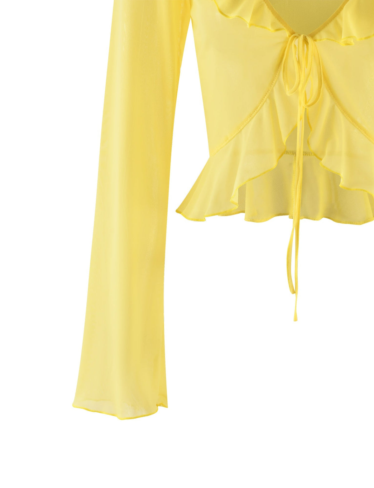 The CORVIN TOP - YELLOW: LEMON by TIGERMIST is a long-sleeve blouse featuring a drawstring tie at the front. It boasts a ruffled V-neckline and hem, with lightweight and slightly sheer fabric enhancing its delicate charm.