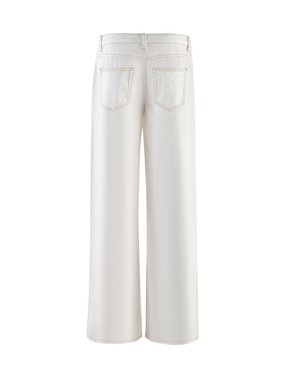 A pair of FELIX JEAN - WHITE, displayed from the back. This piece by TIGERMIST features two back pockets, belt loops, and visible stitching along the seams and pockets. The fabric appears smooth and slightly loose-fitting, contributing to a relaxed, comfortable style.