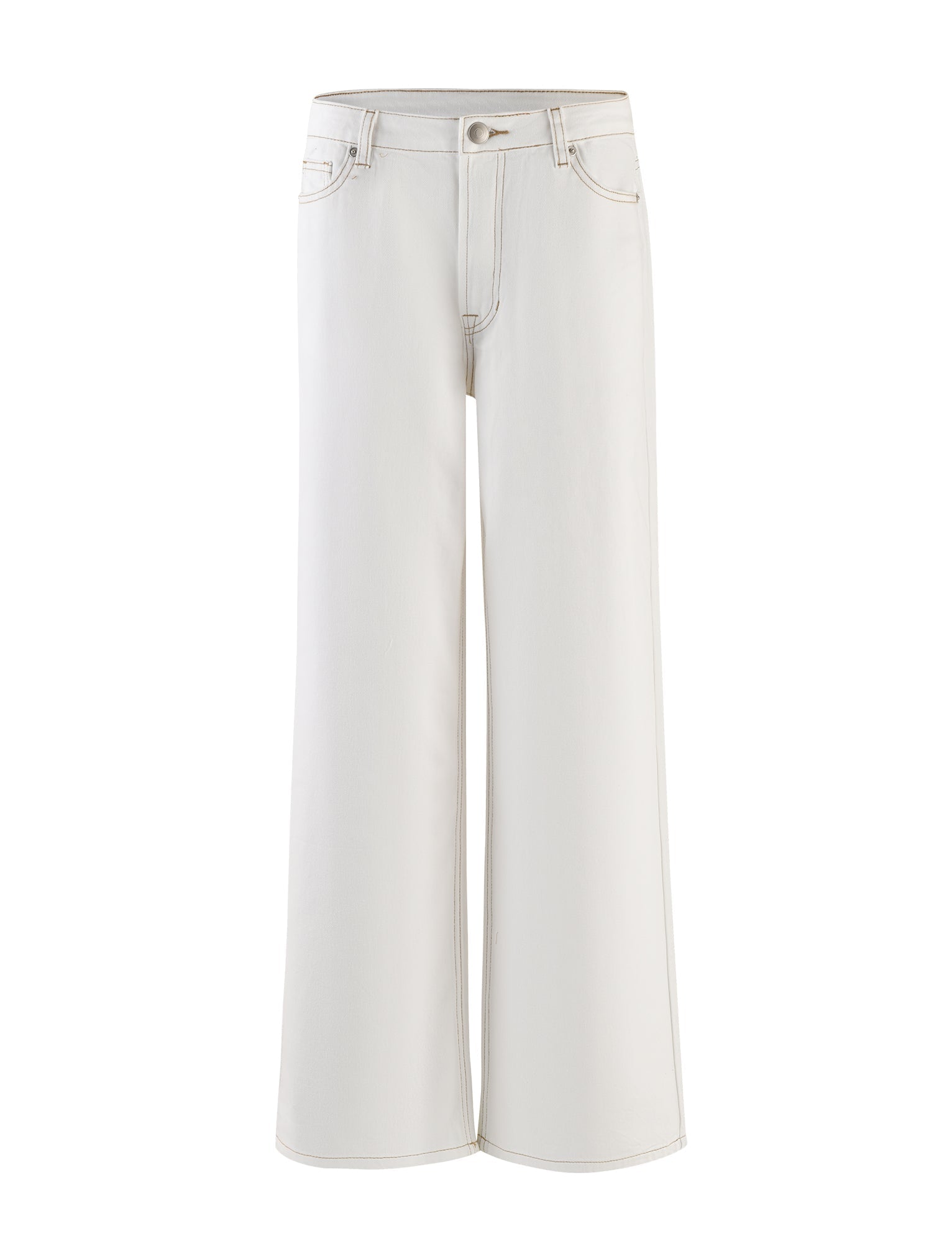 The FELIX JEAN - WHITE from TIGERMIST is a pair of wide-leg, high-waisted jeans featuring a single button and zip closure at the waist. They come with front and back pockets and subtle stitching details, offering a clean, minimalist look.
