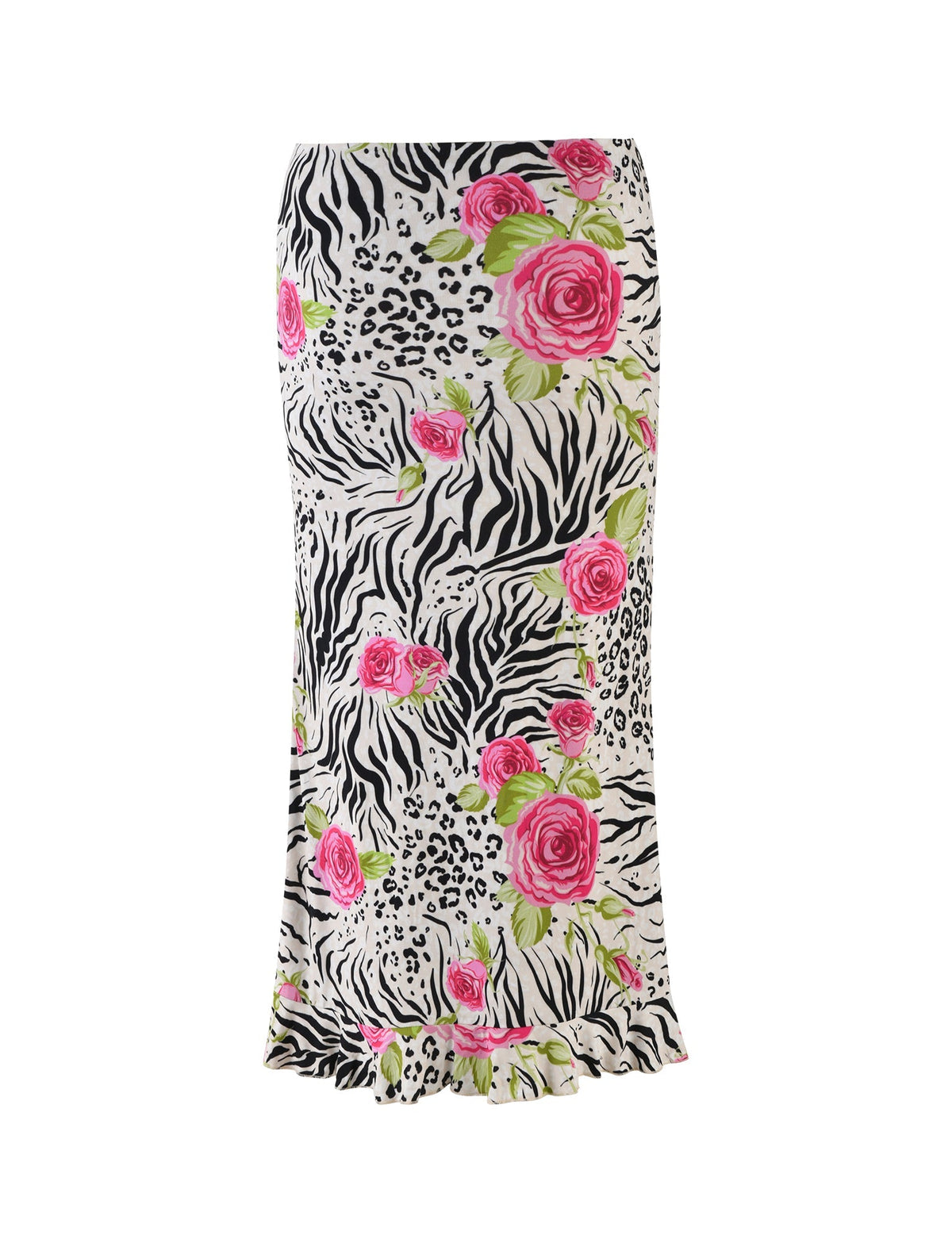 Introducing the TIGERMIST IRIE SKIRT - MULTI : ZEBRA, a knee-length skirt that showcases a striking black and white zebra and leopard print with vibrant pink roses scattered throughout. This stylish piece features a fitted silhouette with a slightly flared hem for added flair.