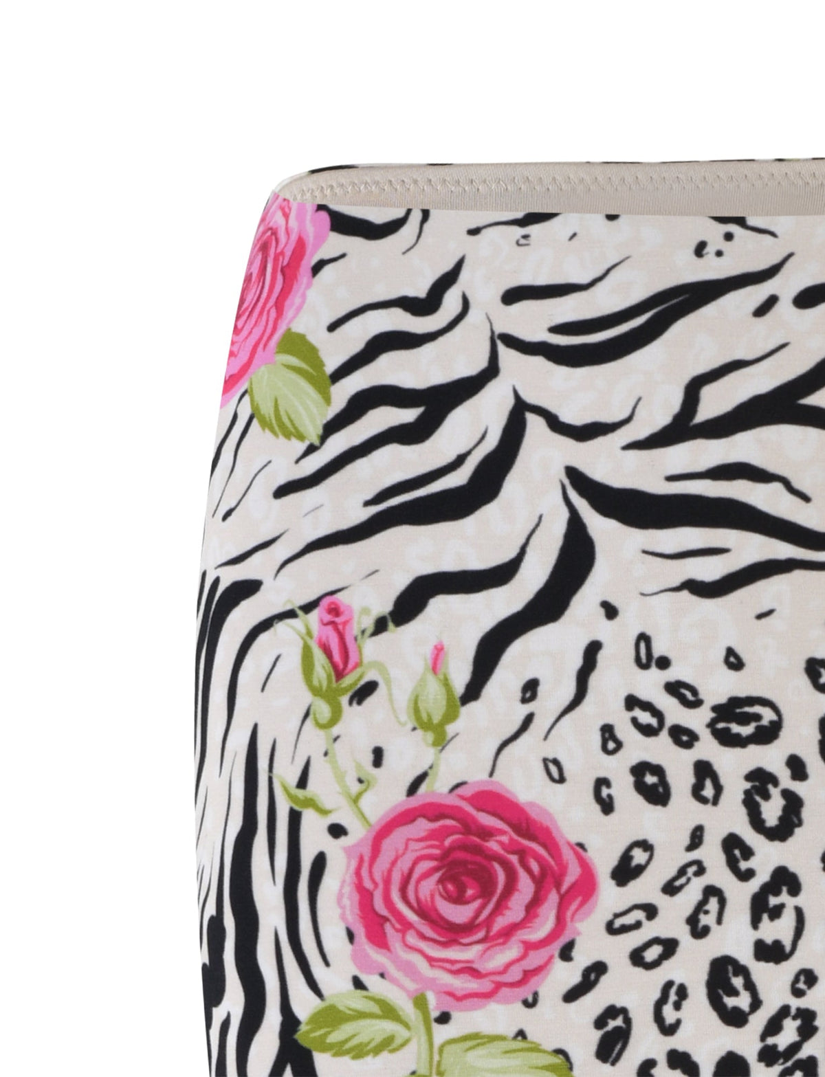Close-up of the IRIE SKIRT - MULTI : ZEBRA by TIGERMIST, featuring a fabric pattern that combines black and white zebra and cheetah prints with vibrant pink roses and green leaves scattered across. The Tiger Mist touch brings the design to life against a light beige background.