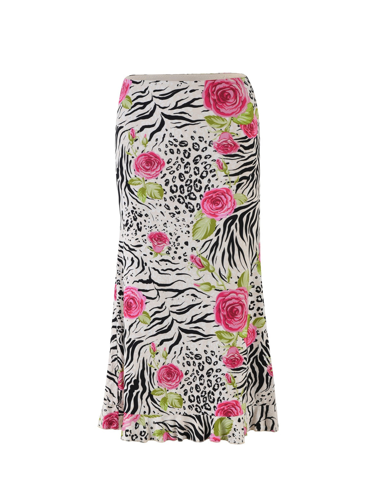 The IRIE SKIRT - MULTI : ZEBRA by TIGERMIST is a long, fitted skirt showcasing a vibrant and striking design. It features bold zebra and leopard print motifs, accented by large pink roses with green leaves, creating an eye-catching blend of animal and floral elements.