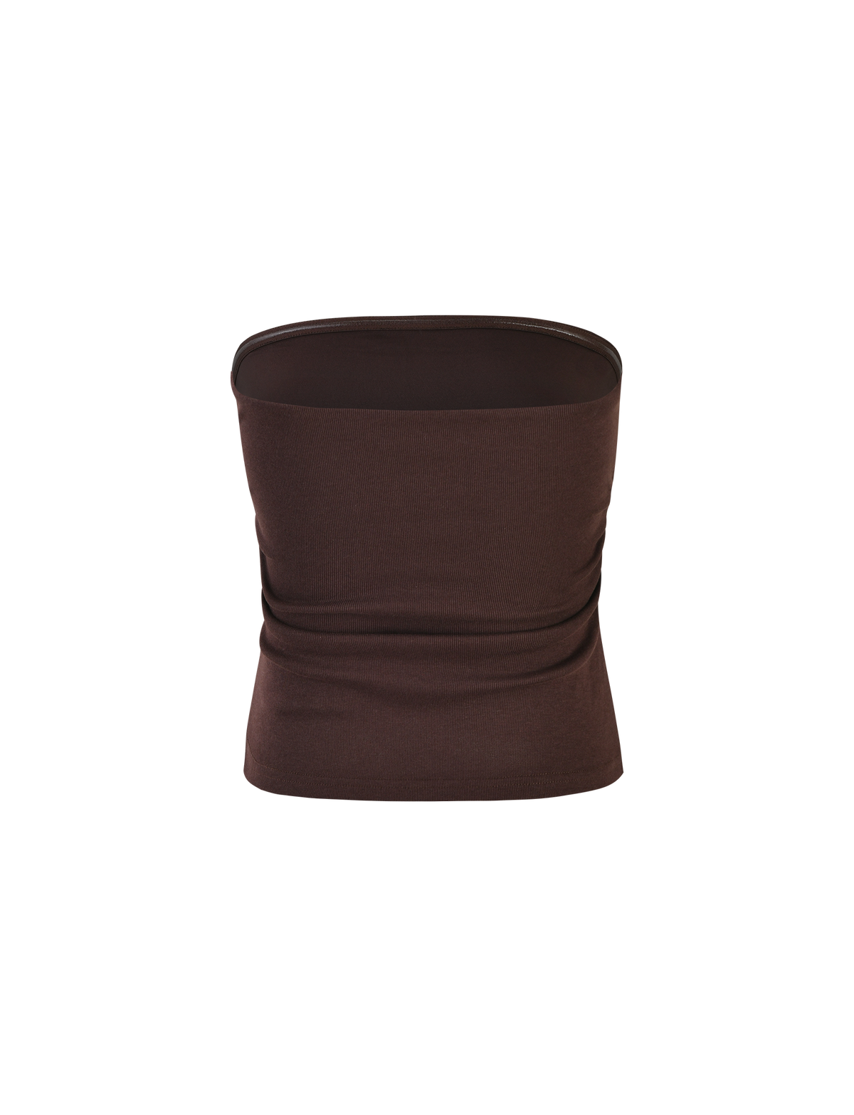 The TIGERMIST HARRIETT RIB TOP in Chocolate is a strapless, fitted brown top with a bodycon silhouette, shown on a white background.