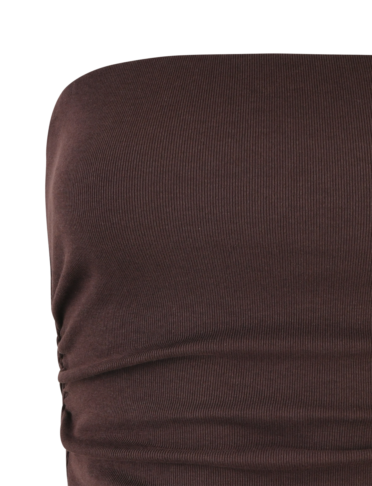 Close-up of the TIGERMIST HARRIETT RIB TOP in Chocolate Brown, featuring fitted, ribbed jersey with gathered side details. The smooth, stretchy material highlights a bodycon silhouette ideal for a sleek look.